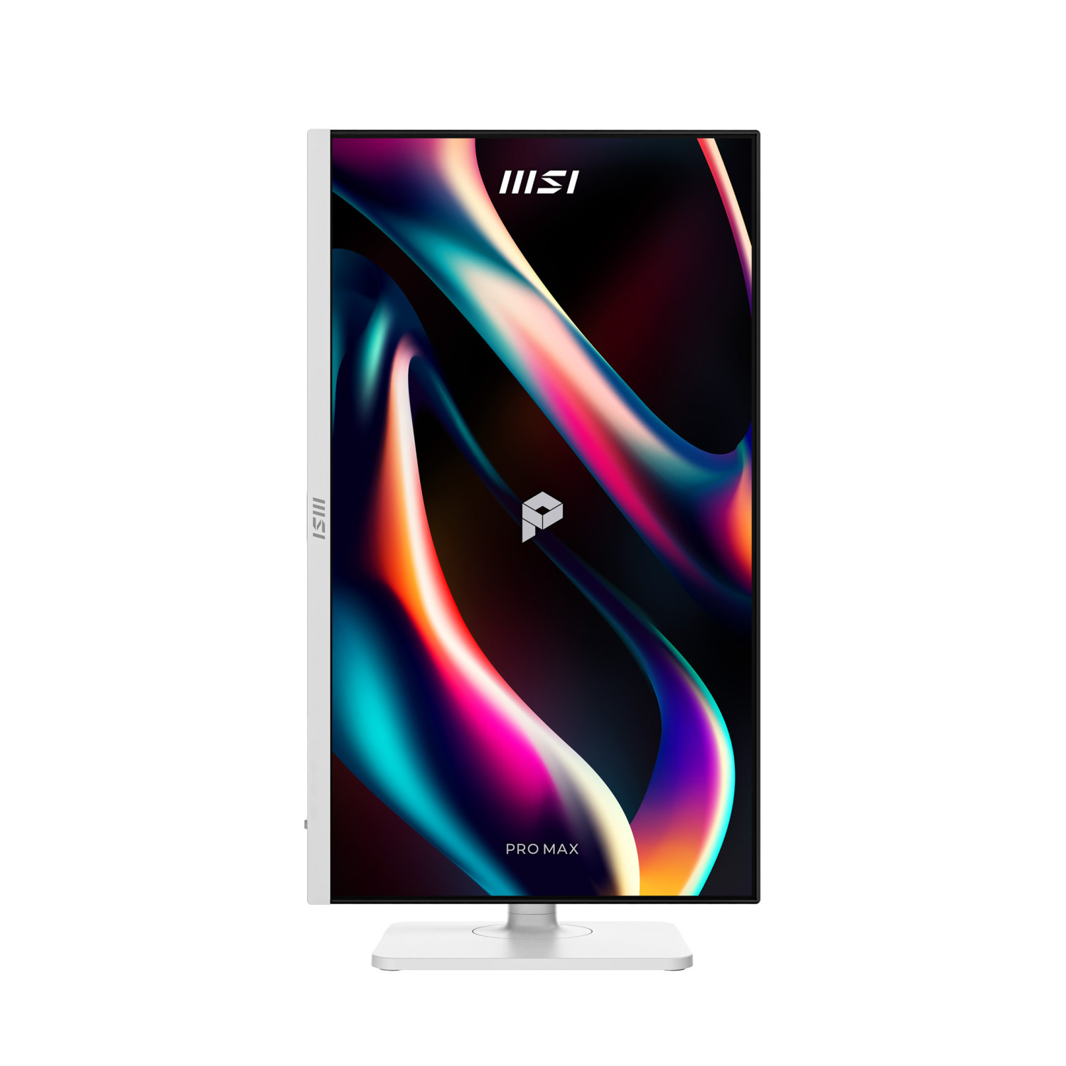Beyaz bir MSI Pro Max monitör, canlı ve parlak renklerde akıcı soyut bir arka plan gösteriyor.