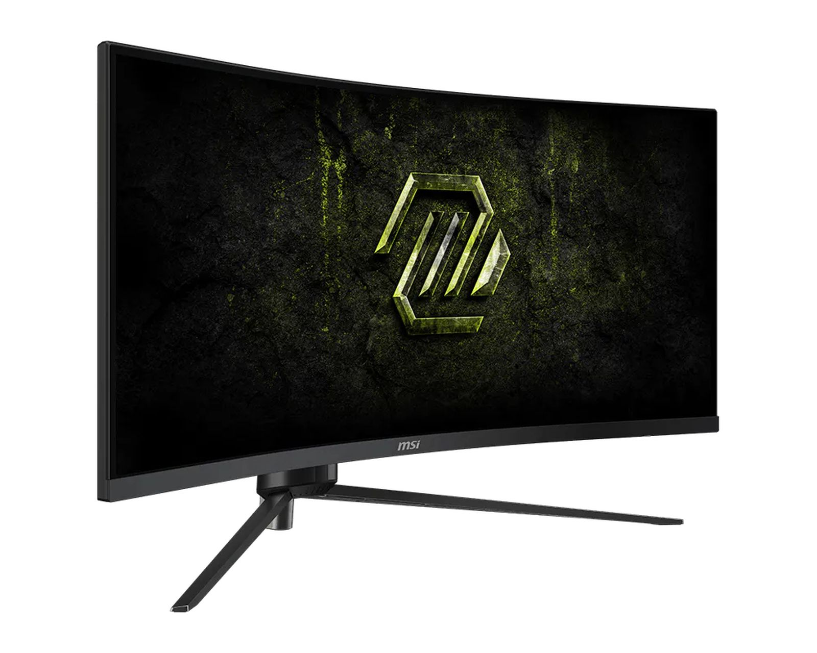 Zakrzywiony monitor gamingowy MSI z wąską ramką i czarnym metalowym stojakiem na białym tle.