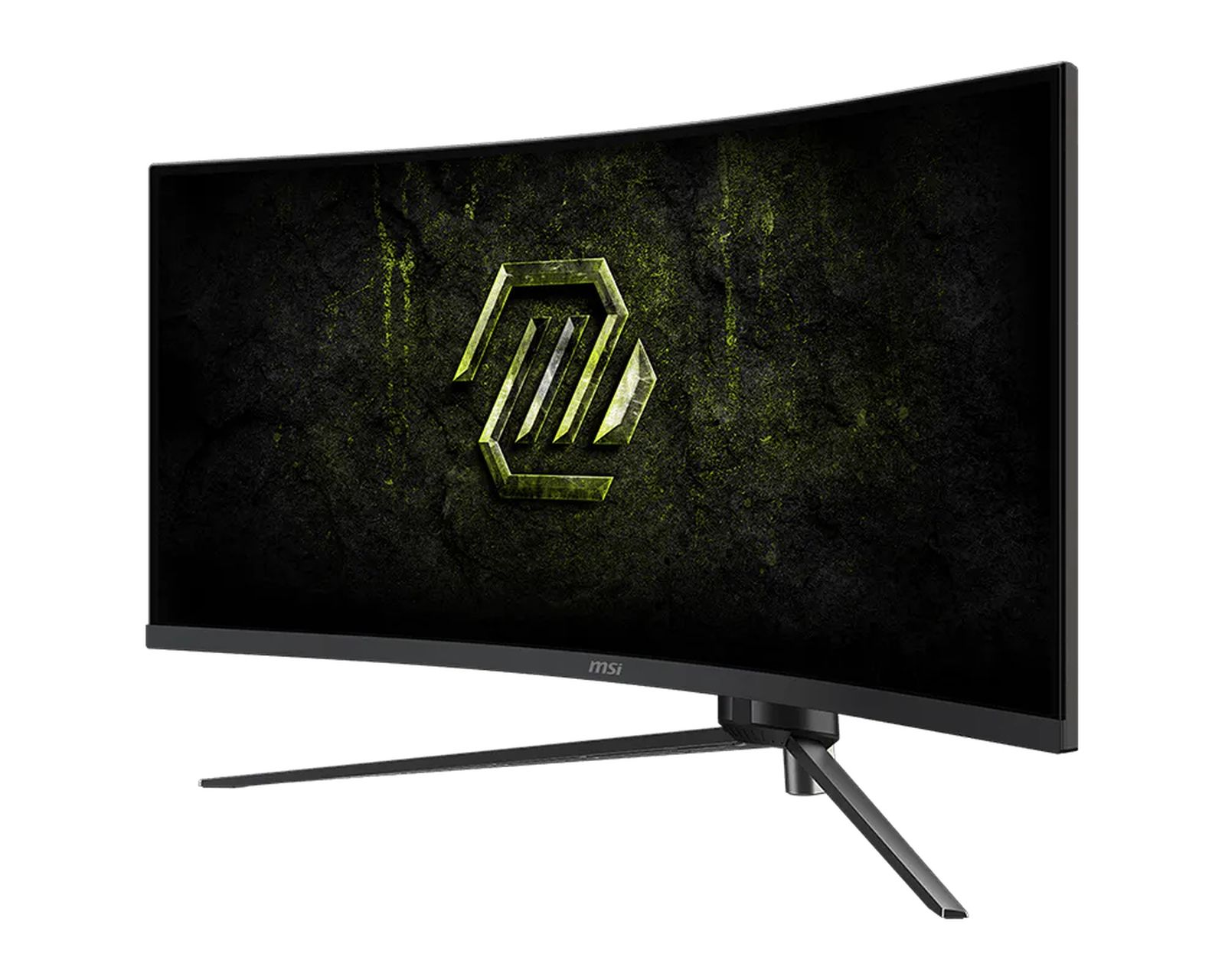 Zakrzywiony monitor gamingowy MSI na stojaku, z zielonym logo na ciemnym tle.