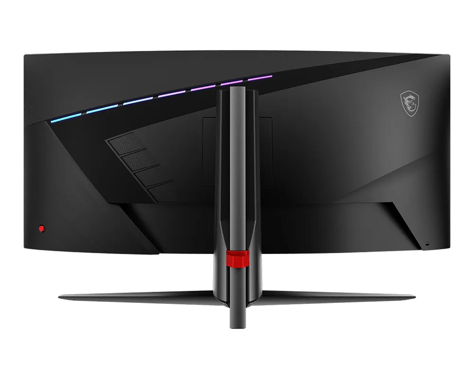 Widok z tyłu czarnego monitora zakrzywionego z oświetleniem RGB i solidną podstawą.