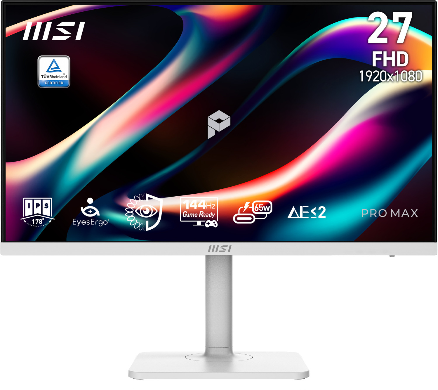 Renkli dalgalara, IPS panele ve 144Hz ile göz konforu simgelerine sahip 27 inç MSI monitör.