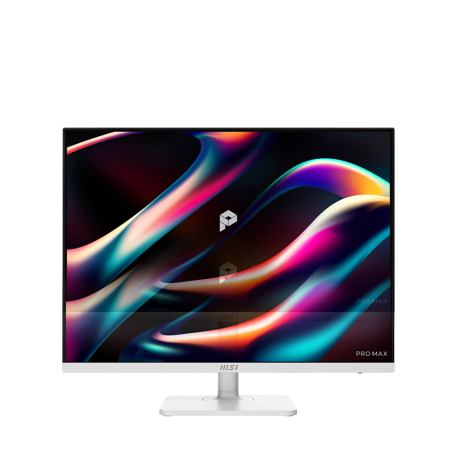Beyaz bir MSI monitör, beyaz arka planda ekranda renkli soyut dalgalar gösteriyor.