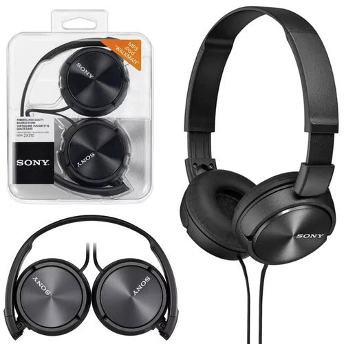 Black wired Sony on-ear headphones shown in packaging and folded.
