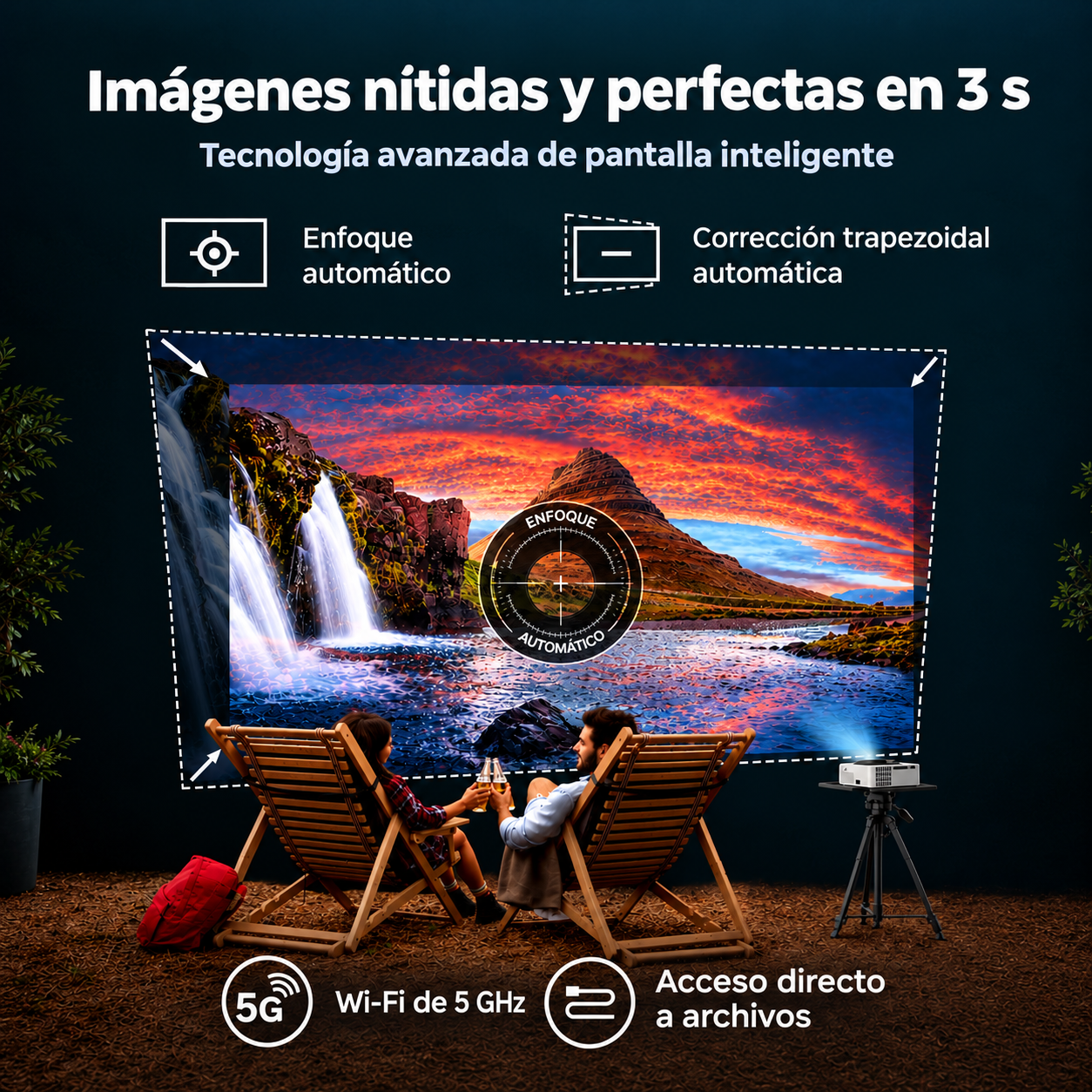Un proyector muestra un paisaje, con dos personas sentadas en tumbonas de madera.