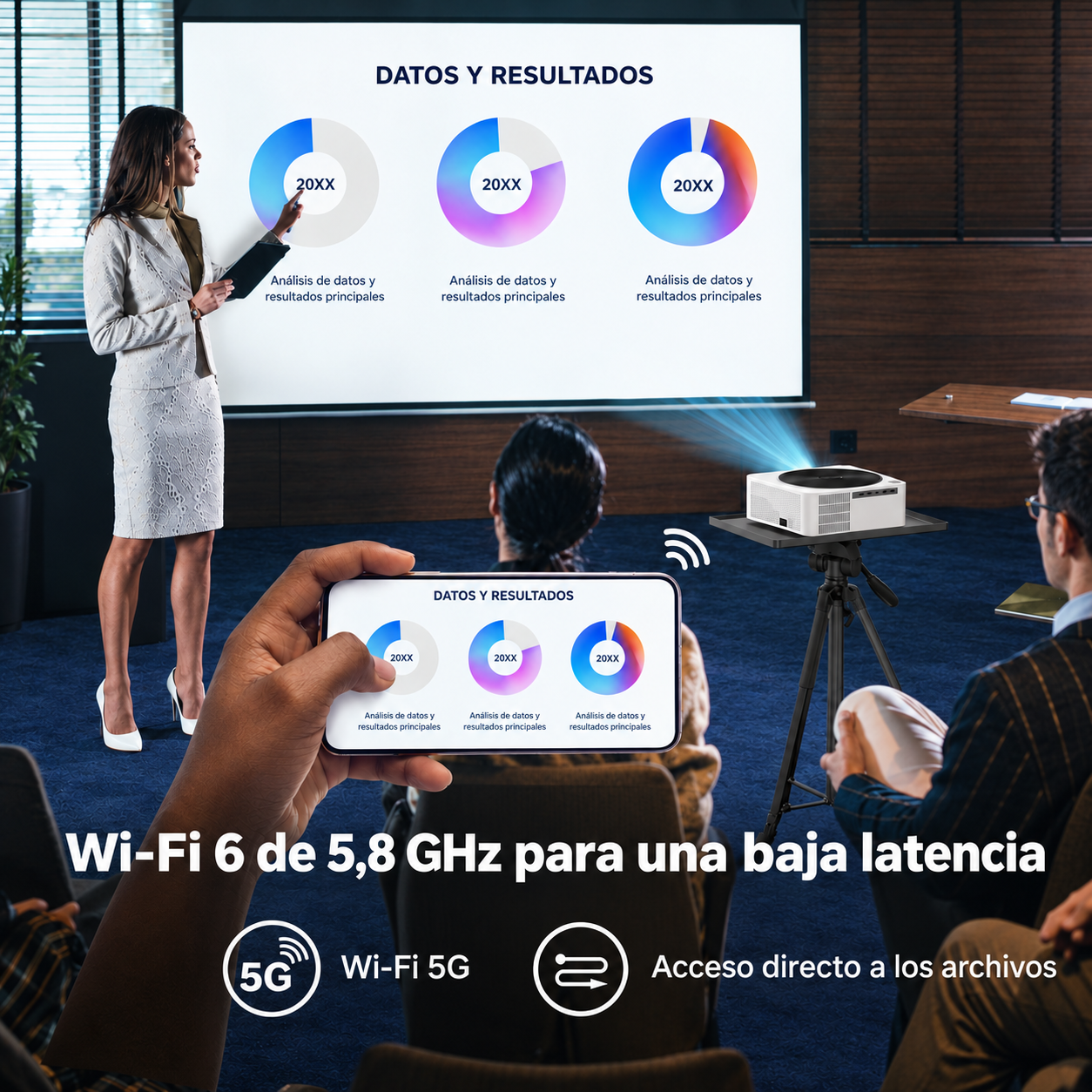 Una mujer presenta gráficos en una pantalla mientras un proyector muestra imágenes de un smartphone.