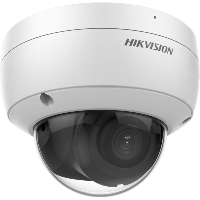 Biała kamera bezpieczeństwa Hikvision z czarną kopułkową soczewką.