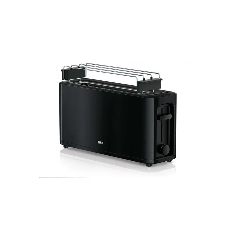 Ein langer, schwarzer Toaster von Braun mit aufgesetztem Metall-Brötchenaufsatz auf weißem Hintergrund.