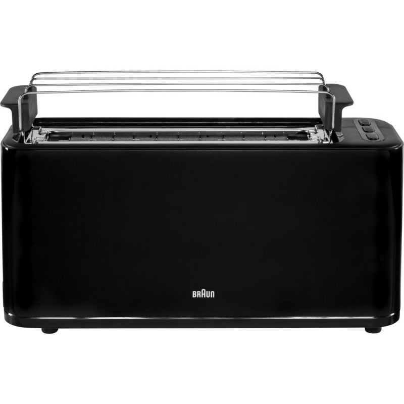 Ein langer, schwarzer Braun Toaster mit Brötchenaufsatz und silbernen Tasten.