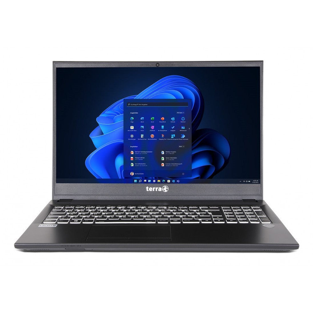 Ein grauer Laptop mit beleuchteter Tastatur zeigt einen blauen Windows-Bildschirm vor weißem Hintergrund.