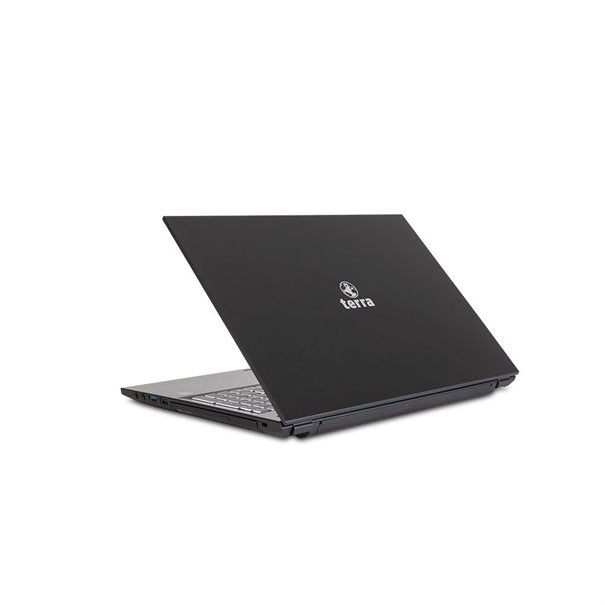 Ein schwarzer Terra Laptop von hinten gesehen, mit geschlossenem Deckel und Tastatur auf weißem Hintergrund.