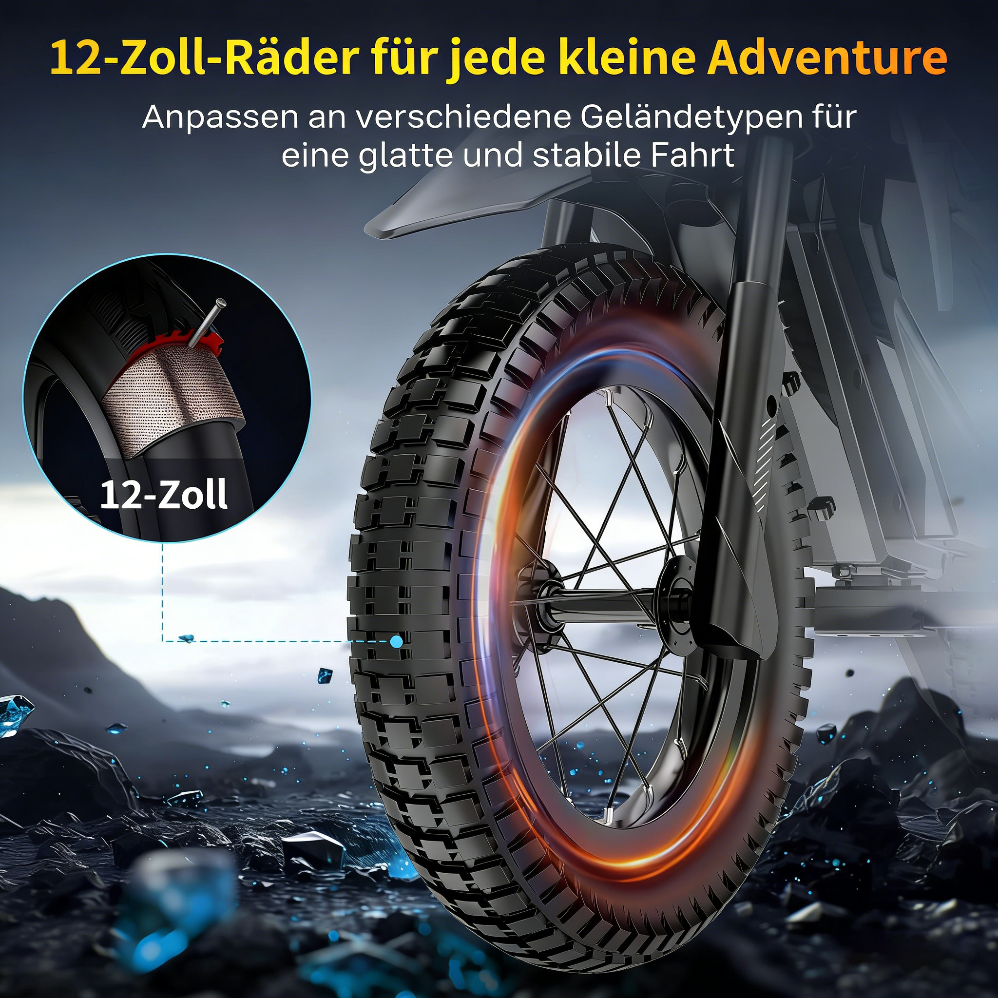 12-Zoll-Reifen eines Kinderfahrzeugs vor bergiger Kulisse mit Infografik.