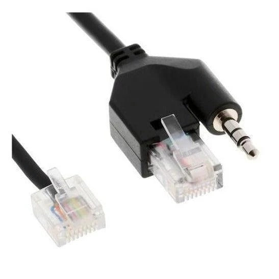 A black cable with an RJ45 connector and a 3.5 mm jack plug on a white background.