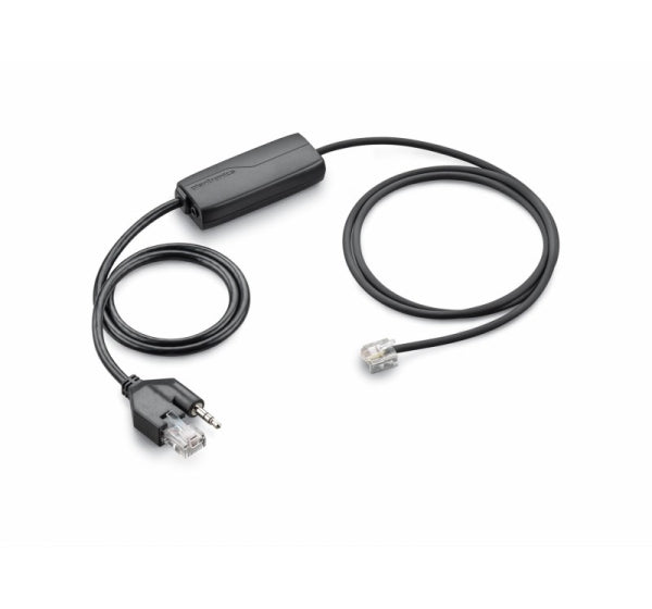 Black telephone adapter cable with control box and connectors on white background.