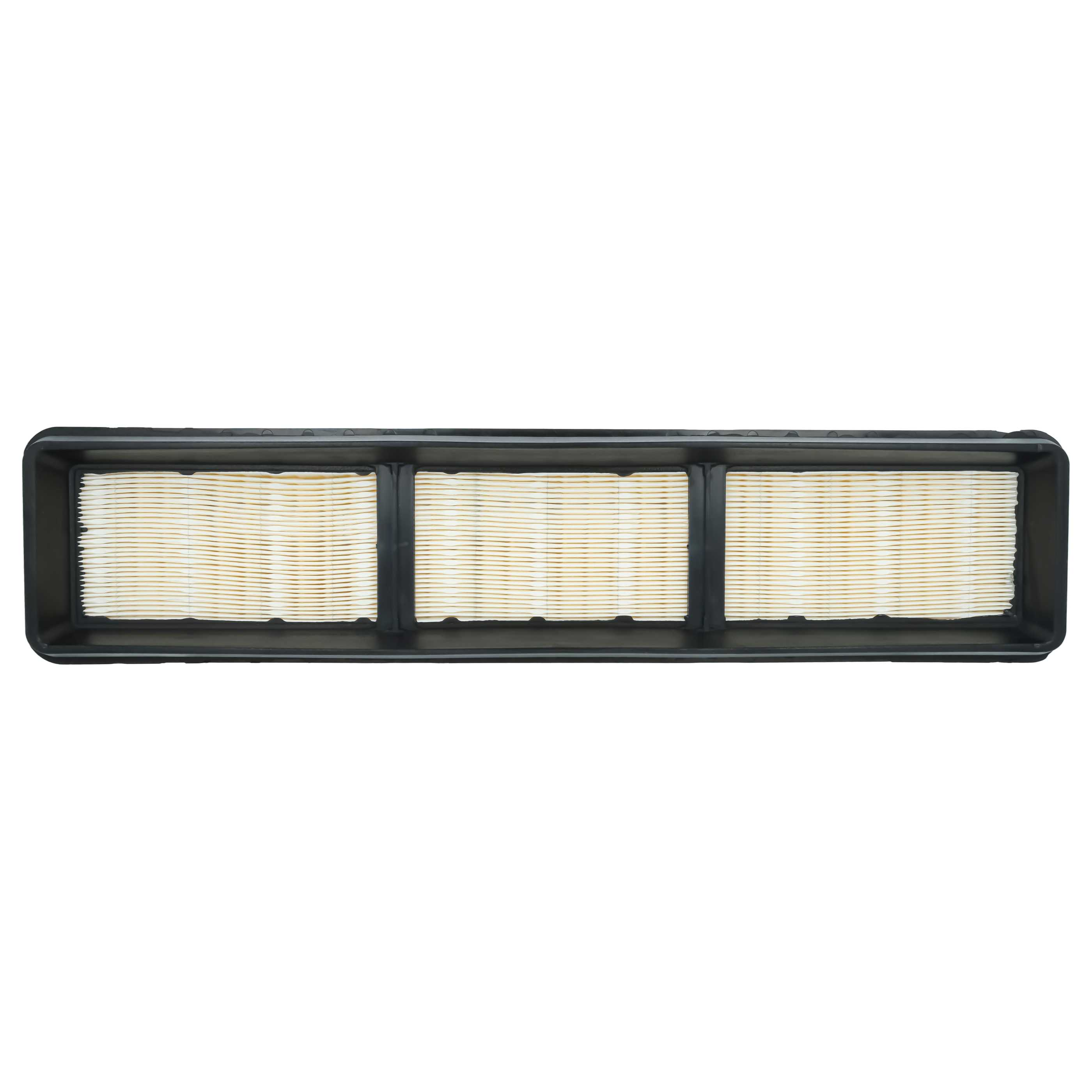 Ein länglicher schwarzer Auto-Luftfilter mit drei beige gefalteten Papierabschnitten auf weißem Hintergrund.
