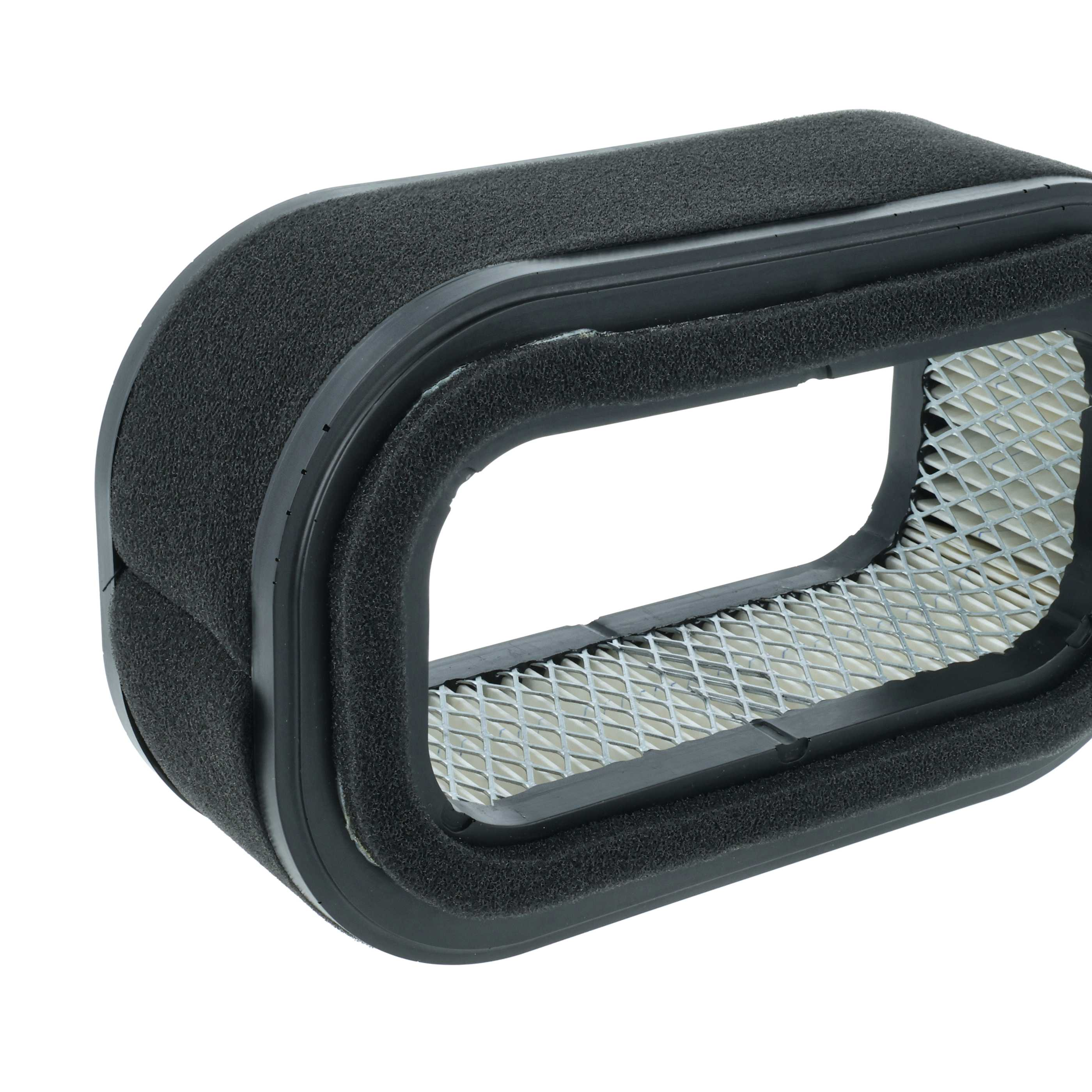 Rechteckiger Luftfilter mit schwarzem Schaumstoffrand und Metallgitter.