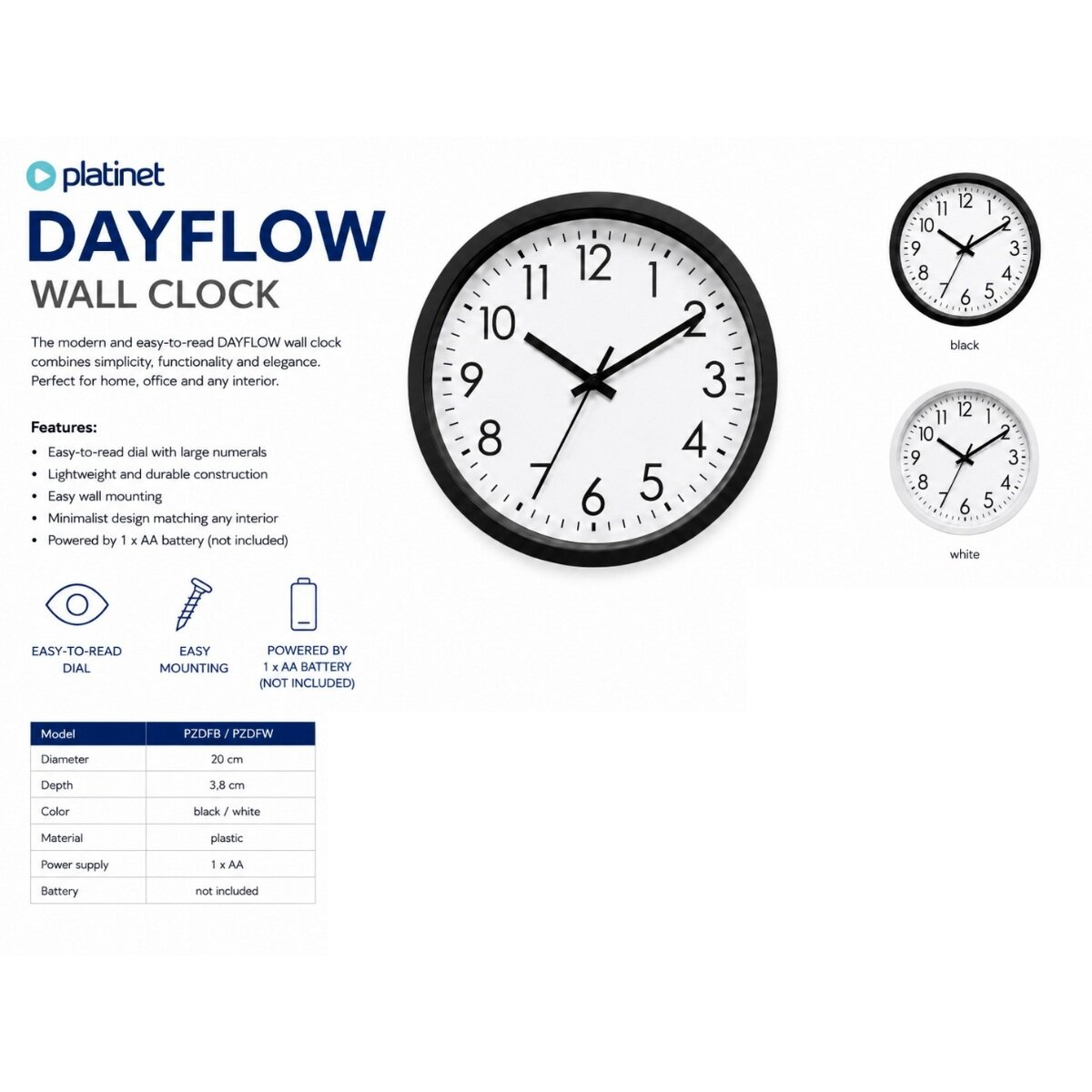 Produktwerbung für die Dayflow Wanduhr mit Spezifikationen und Farboptionen in Schwarz und Weiß.