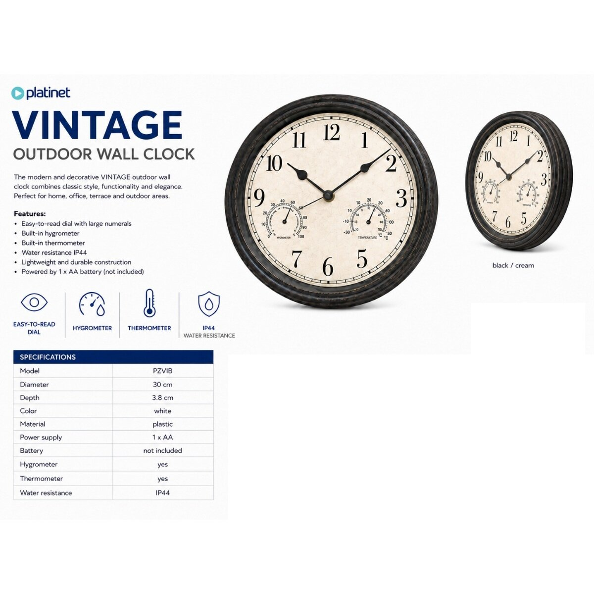 Produktwerbung für Vintage Outdoor-Wanduhr mit integriertem Hygrometer, Thermometer und technischen Spezifikationen.