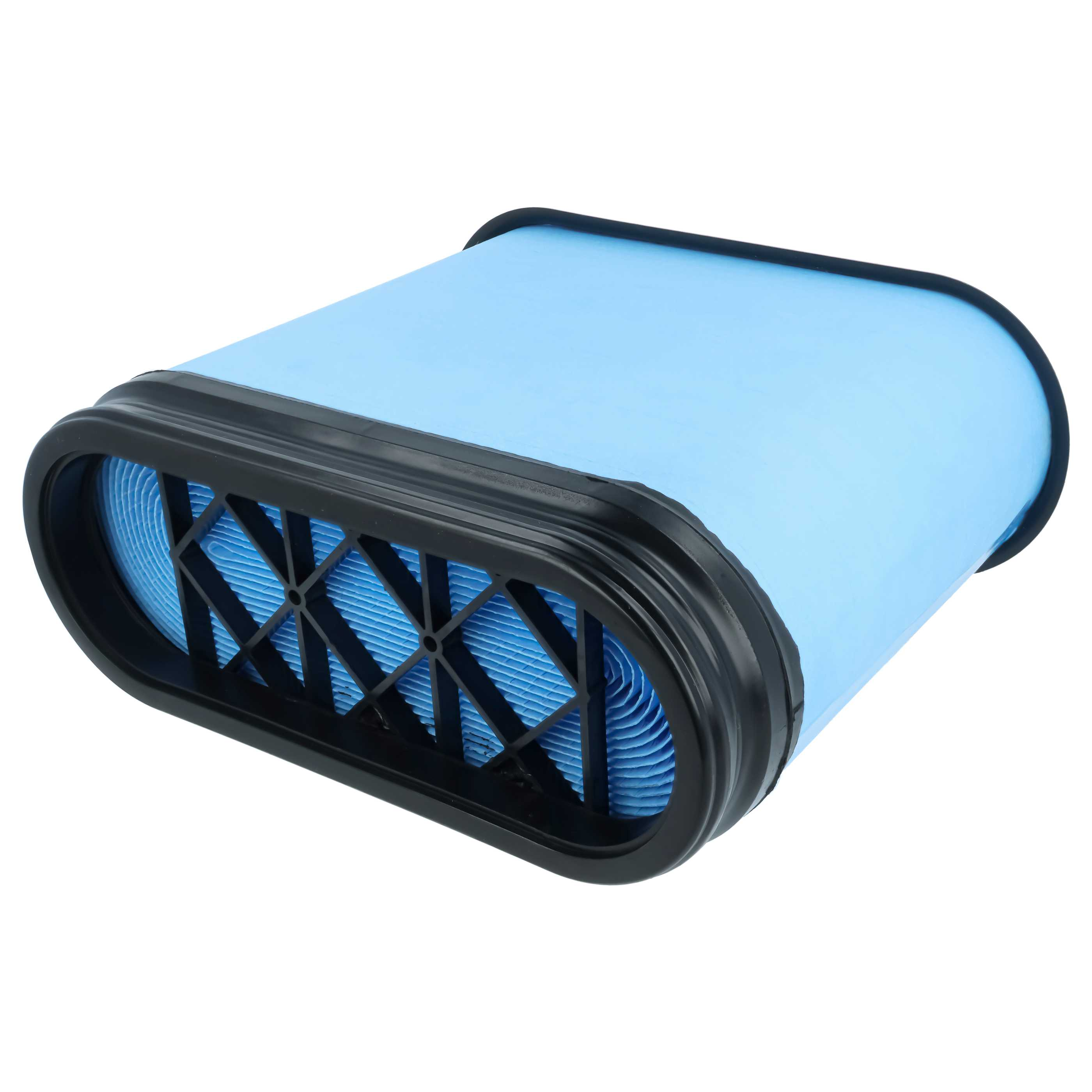 Ein blauer Luftfilter mit schwarzem Rahmen und Gitter auf weißem Hintergrund.