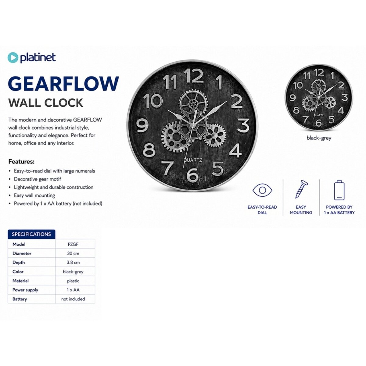 Produktwerbung für die Wanduhr Gearflow mit Zahnrad-Motiv, Beschreibung und technischen Daten.
