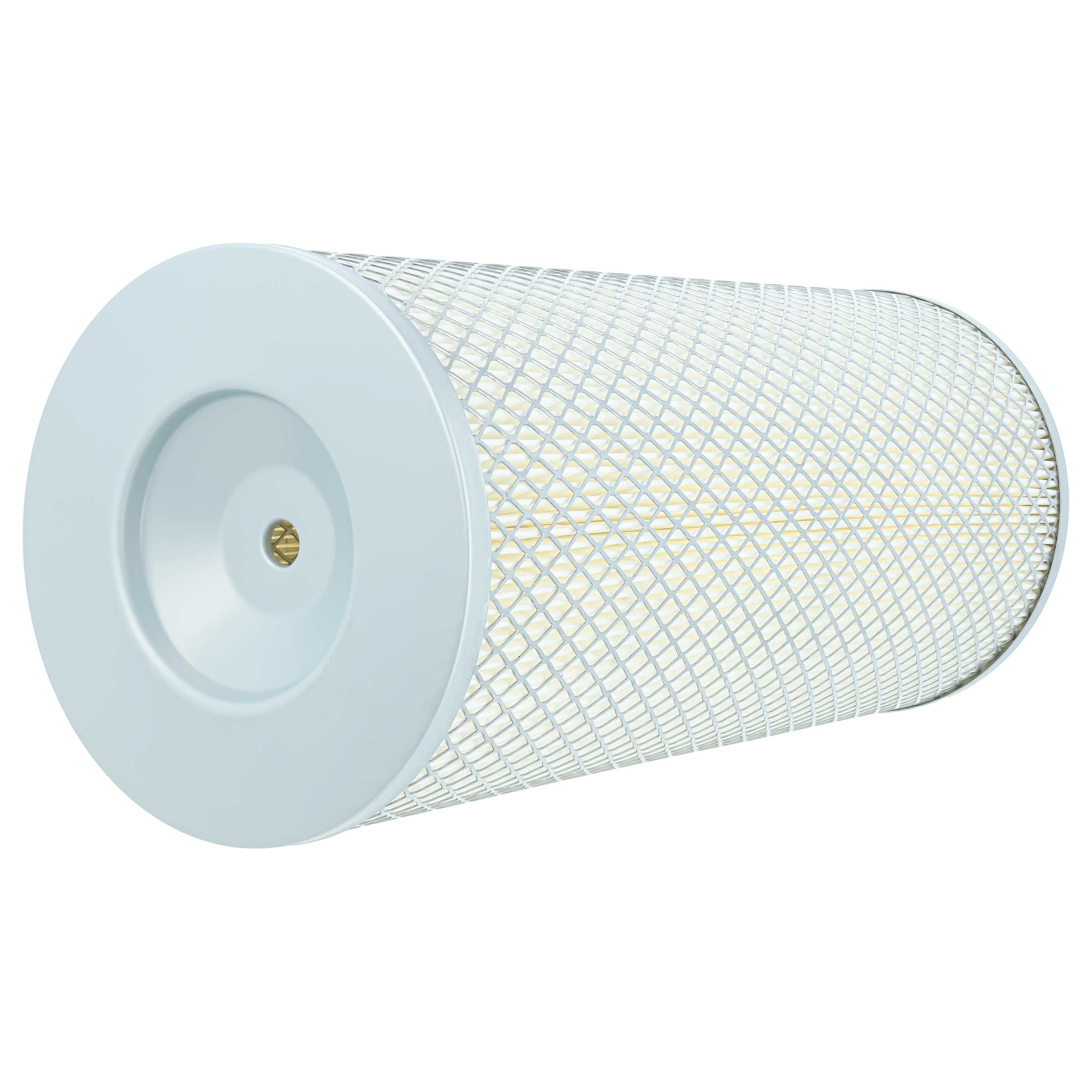 Zylindrischer Luftfilter mit weißem Metallgitter und blauer Endkappe.