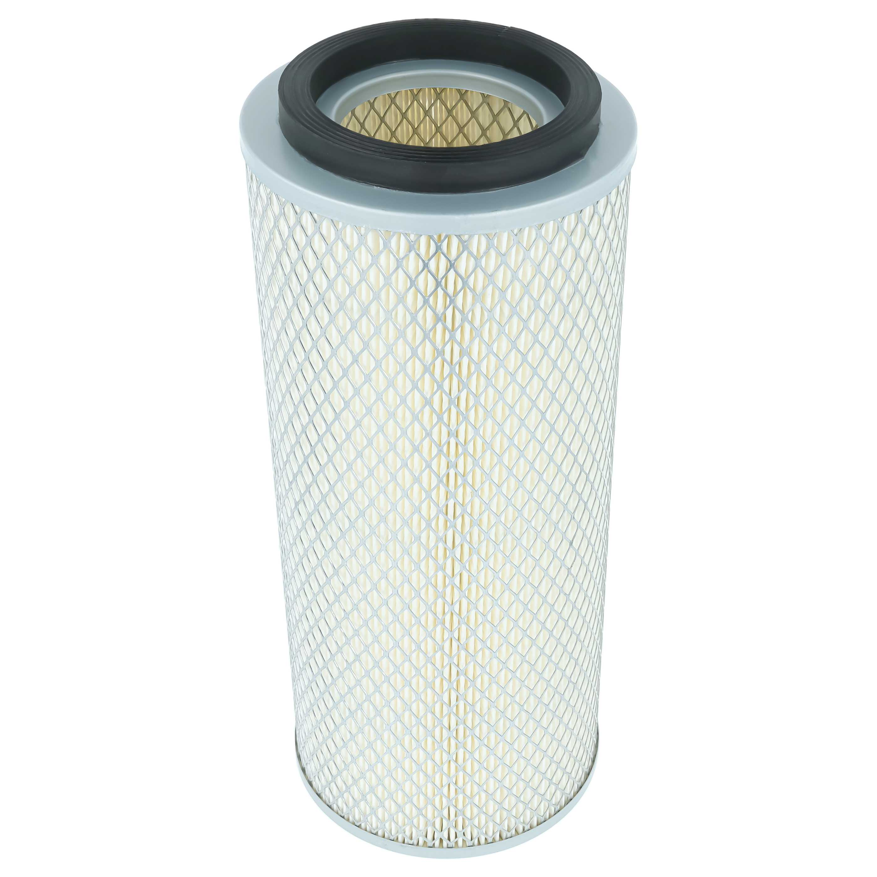Ein zylindrischer, weißer Luftfilter mit schwarzer Gummidichtung oben, umgeben von einem Metallgitter.