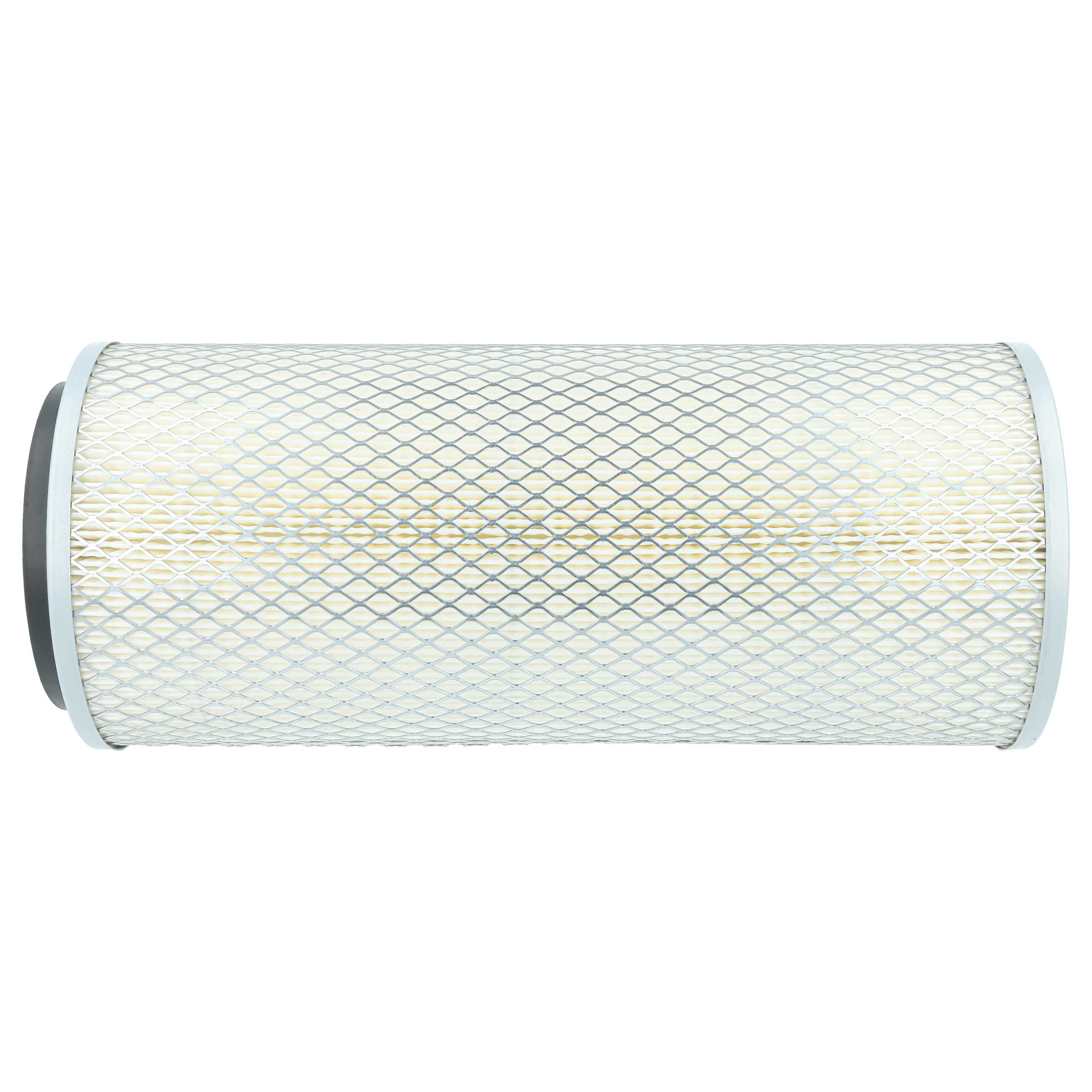 Ein zylindrischer Luftfilter mit einem Metallgitter auf weißem Hintergrund.