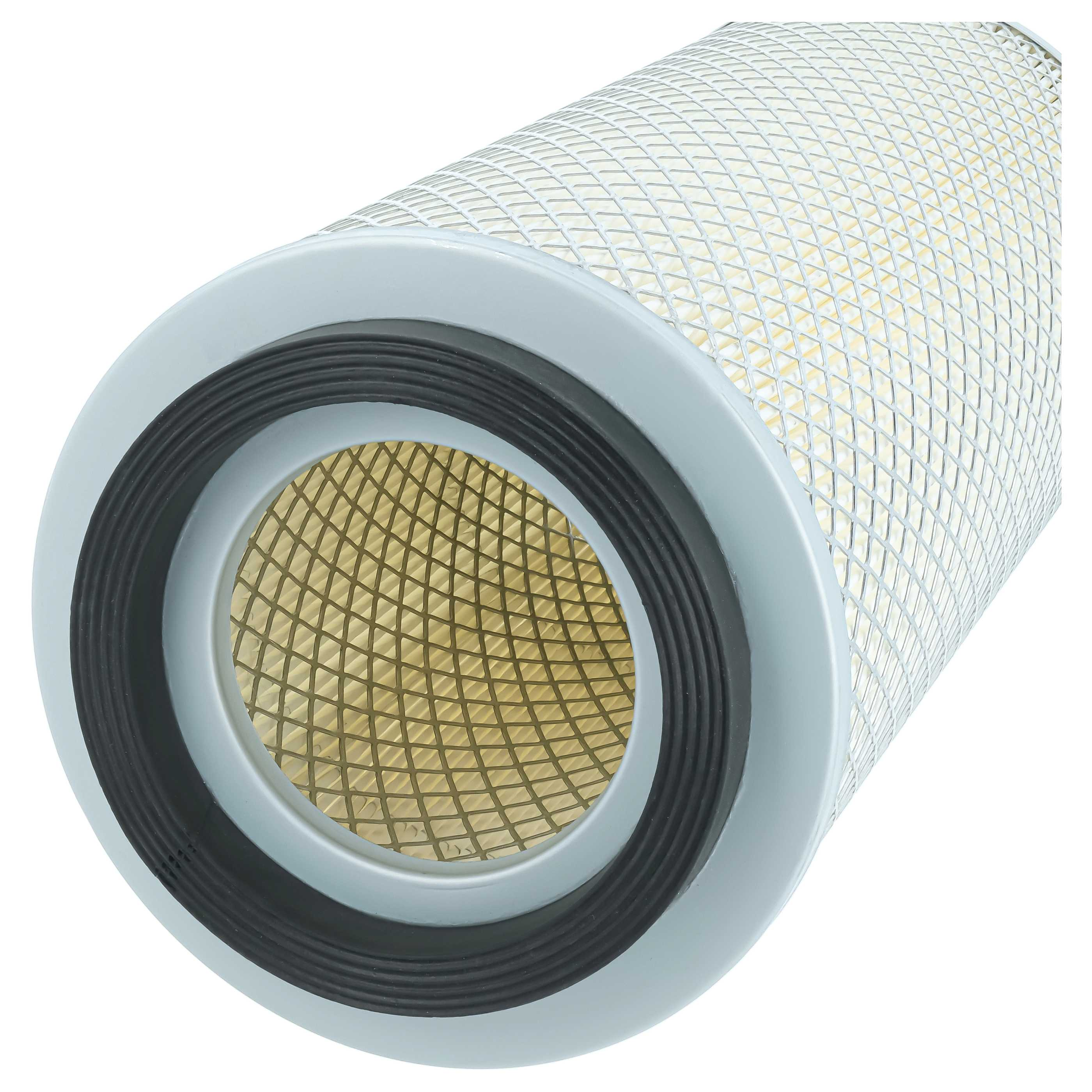 Ein zylindrischer Luftfilter mit einem schwarzen Gummirand und einem weißen Metallnetz auf weißem Hintergrund.