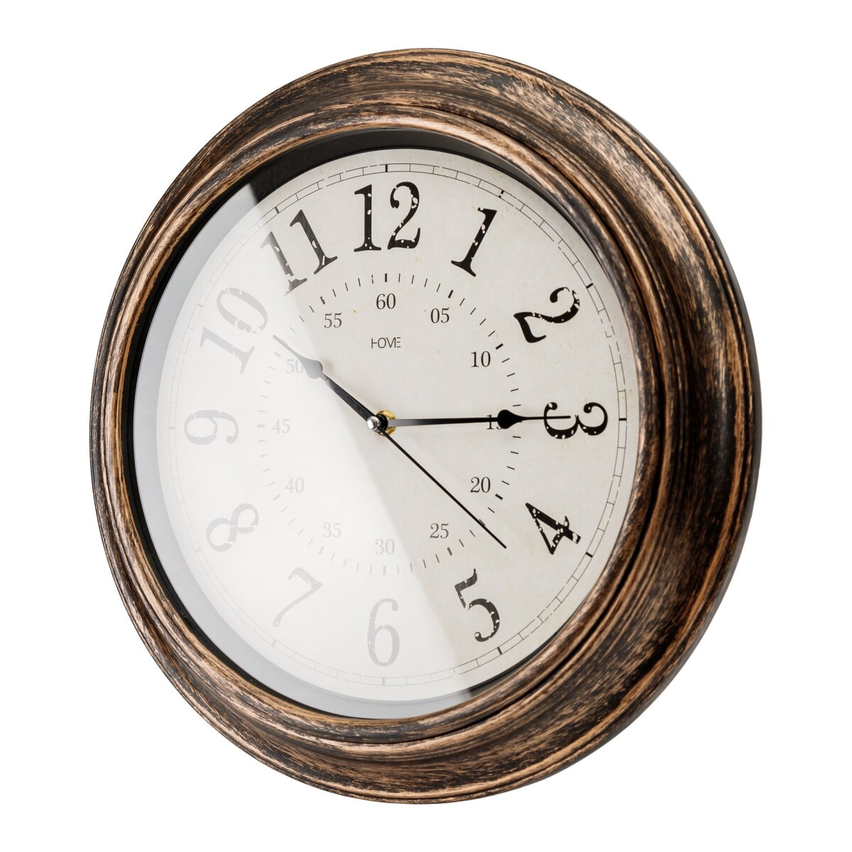 Eine runde Wanduhr mit einem braunen Holzrahmen, weißem Zifferblatt und schwarzen arabischen Ziffern.