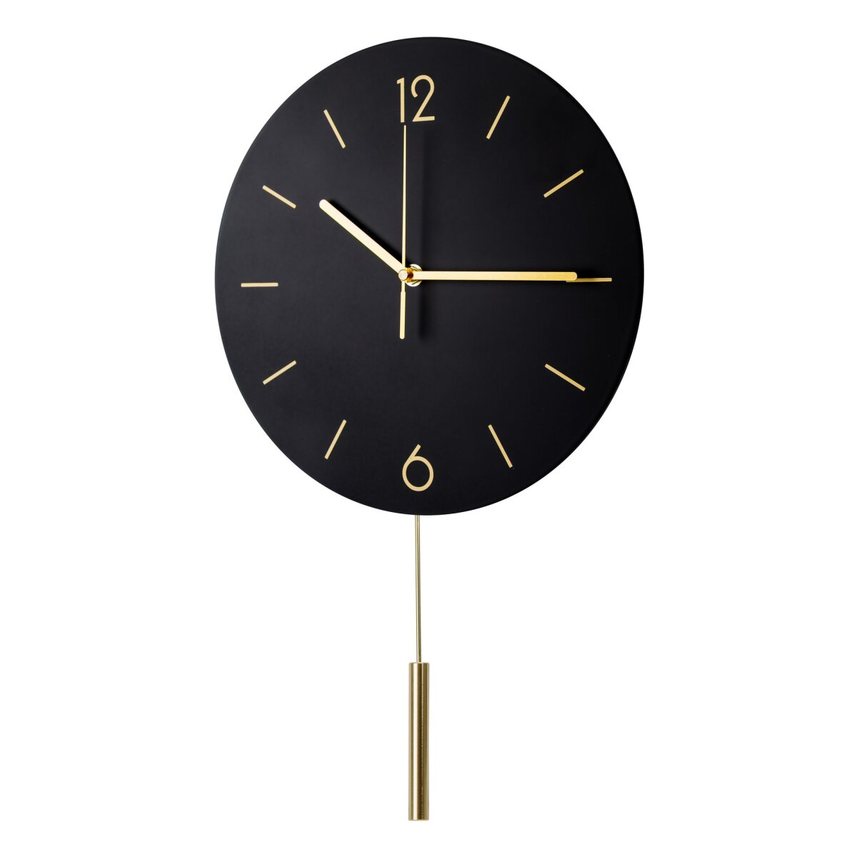 Eine schwarze Wanduhr mit goldenen Zeigern, den Zahlen 12 und 6 und einem hängenden Goldpendel.