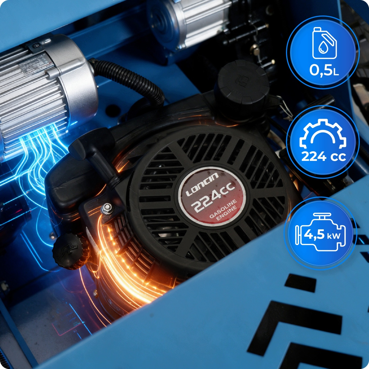 Blaue Maschinenstruktur mit einem Loncin 224cc Benzinmotor und blauen technischen Symbolen auf der rechten Seite.