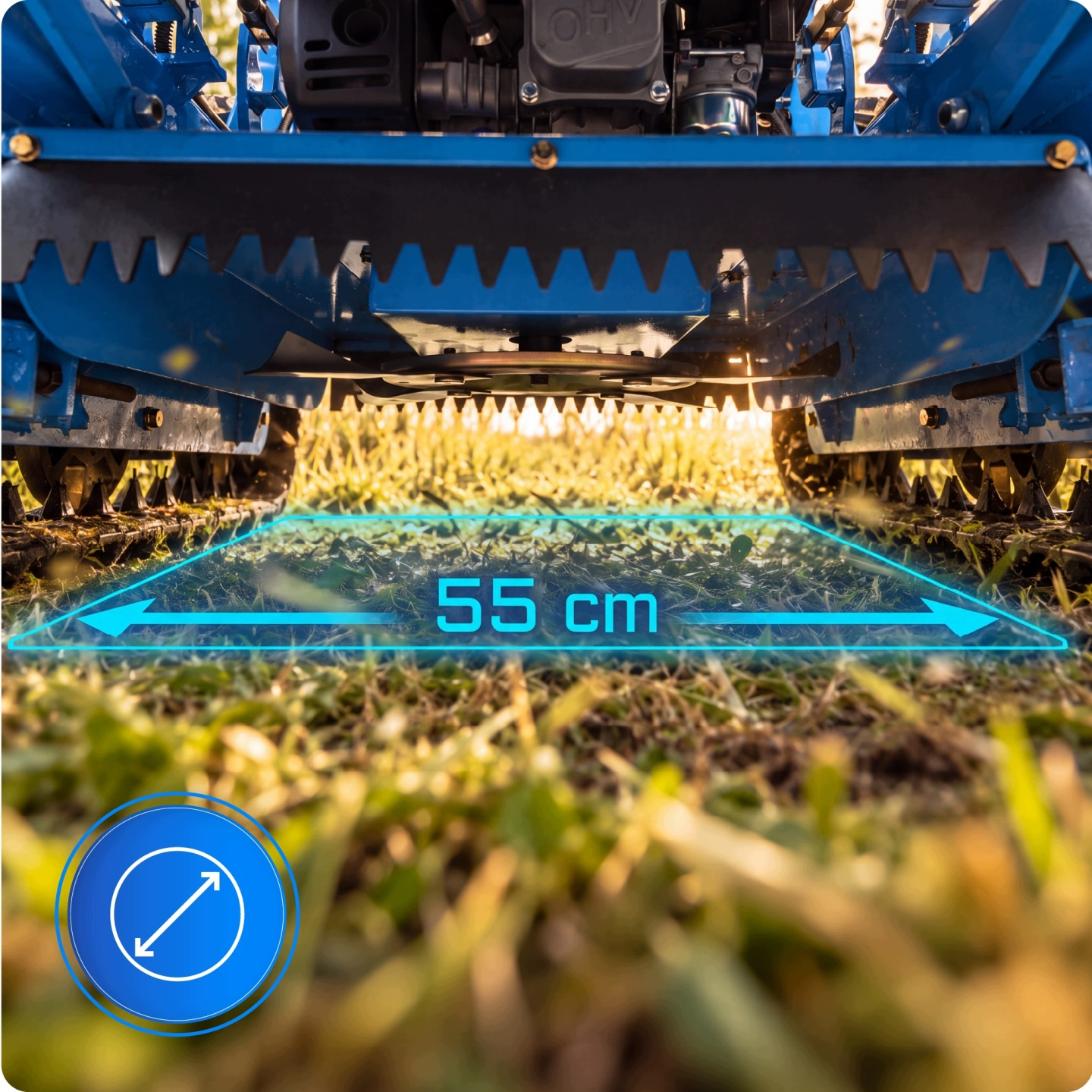 Vorderansicht eines blauen Raupenrasenmähers auf Gras, Schnittbreite 55 cm.