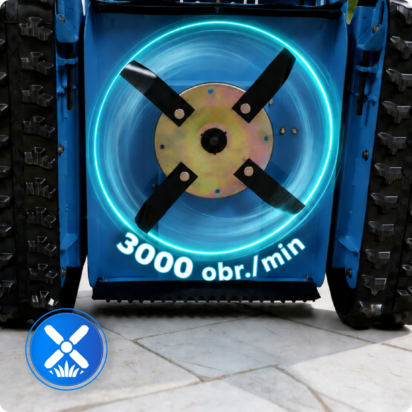 Blaue Mähmaschine mit rotierenden schwarzen Klingen und 3000 U/min Text.