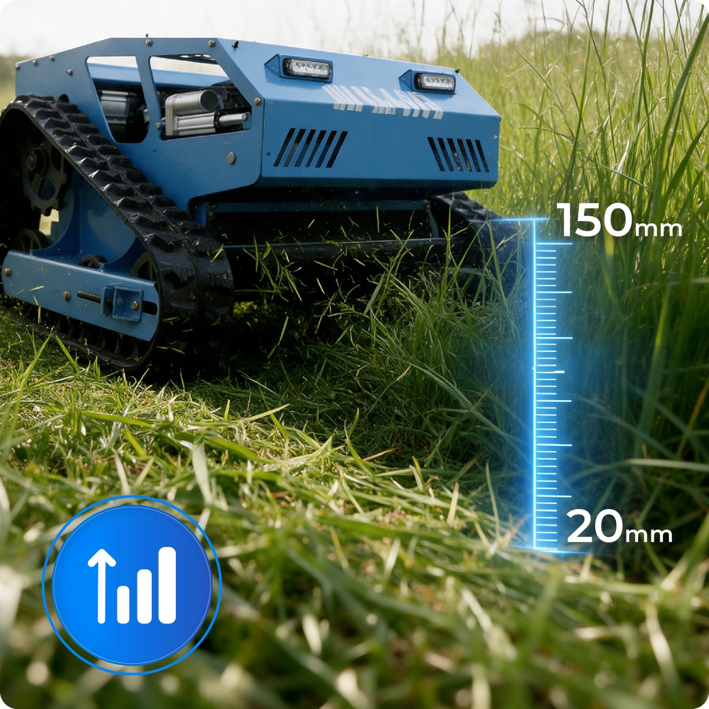 Ein blauer Roboter mit Raupenketten schneidet hohes Gras auf einer Wiese, mit einer Messskala von 20mm bis 150mm.