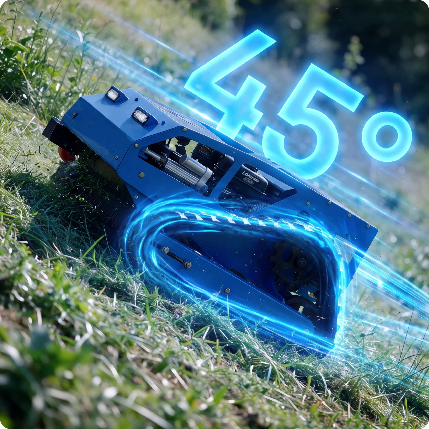 Ein blauer Roboter-Rasenmäher fährt auf einem steilen Grashang mit blauem 45-Grad-Symbol.