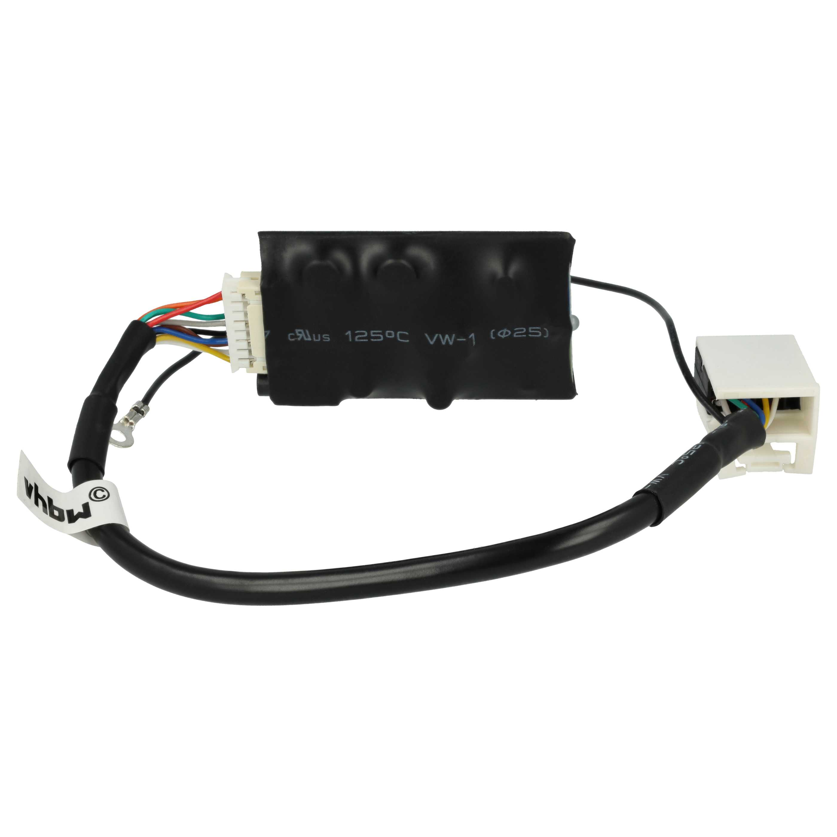 Ein schwarzes elektronisches Bauteil mit Kabeln, Steckern und einer Markierung auf weißem Hintergrund.