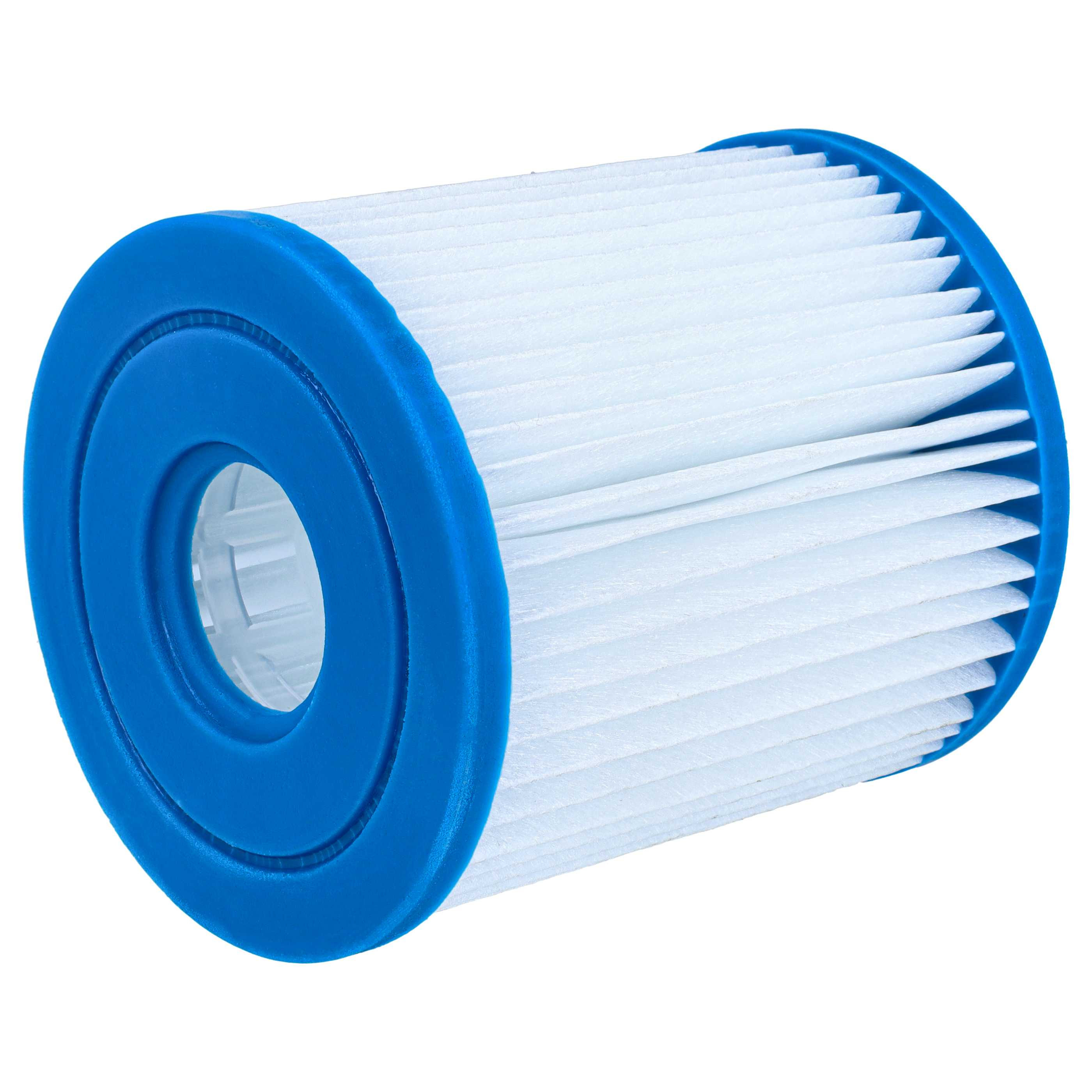 Ein blauer zylindrischer Poolfilter mit weißem gefaltetem Papierelement auf weißem Hintergrund.