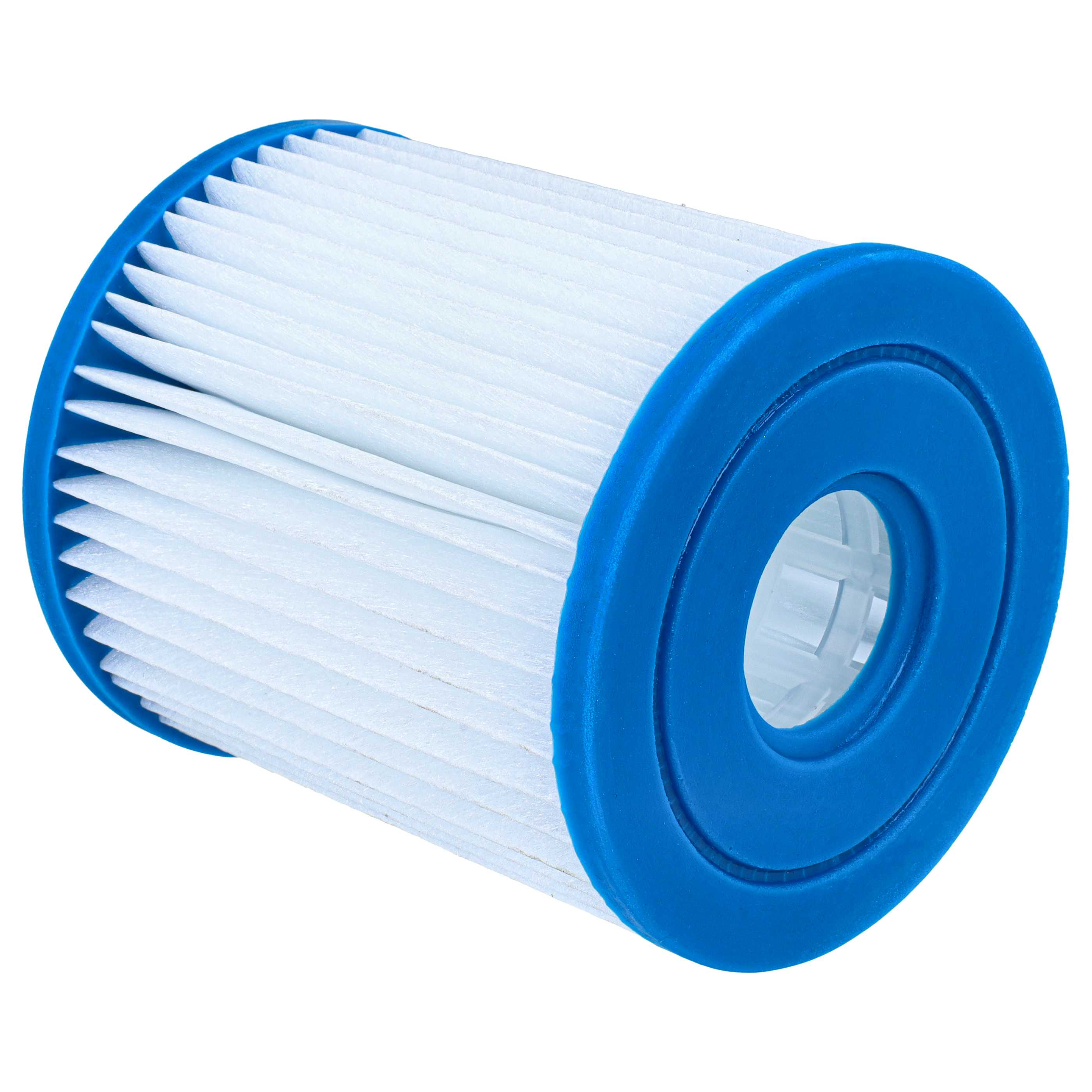Ein zylindrischer Poolfilter mit weißem Faltenpapier und blauen Plastikenden auf weißem Hintergrund.
