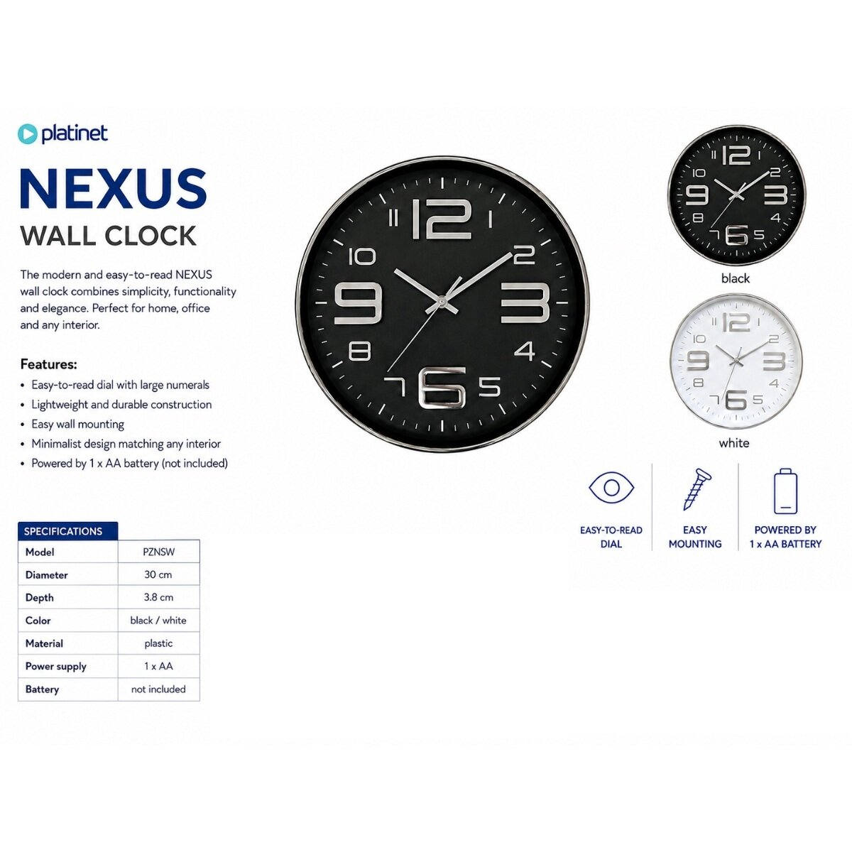 Produktwerbung für die Nexus Wanduhr mit Spezifikationen und Funktionen in Schwarz-Weiß.