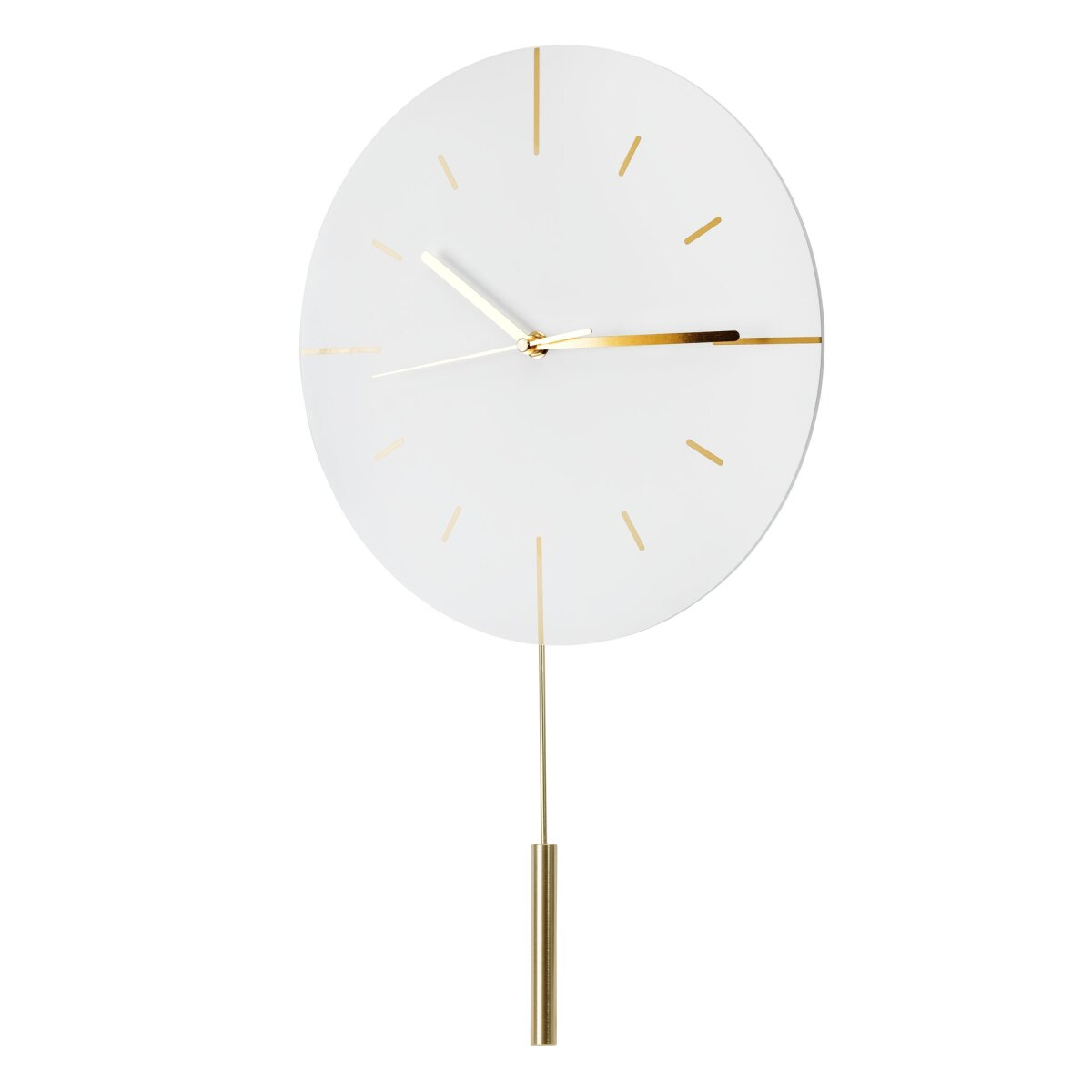Eine moderne weiße Wanduhr mit goldenen Zeigern, Stundenmarkierungen und einem goldenen Pendel.