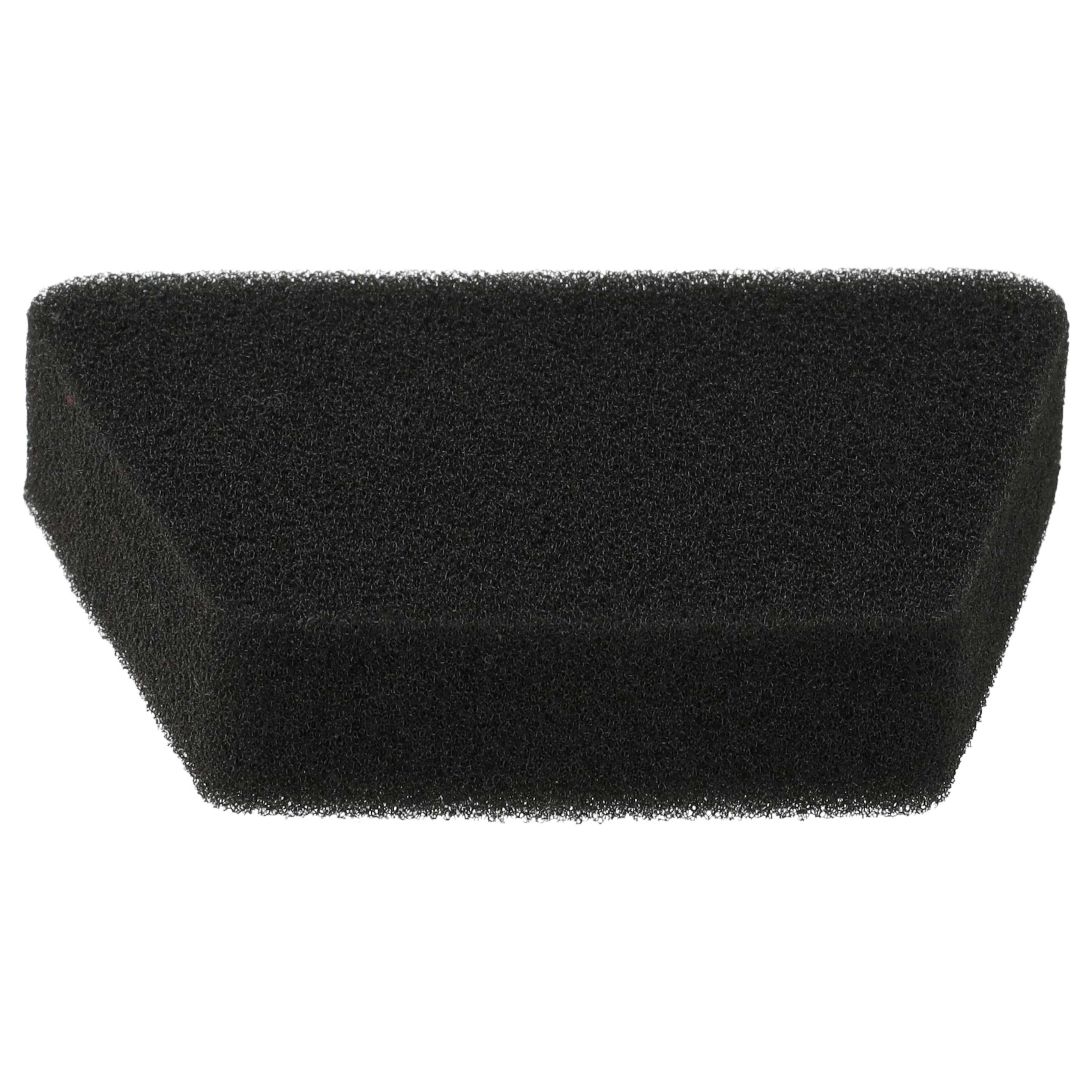 Ein schwarzes, trapezförmiges Schaumstofffilterstück mit strukturierter Oberfläche vor weißem Hintergrund.