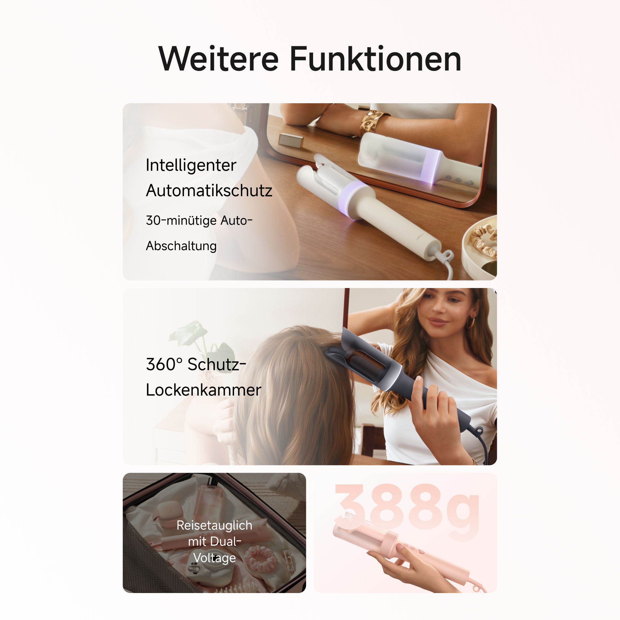 Produktmerkmale des automatischen Lockenstabes mit Schutzfunktion, Reiseetui und Gewicht.