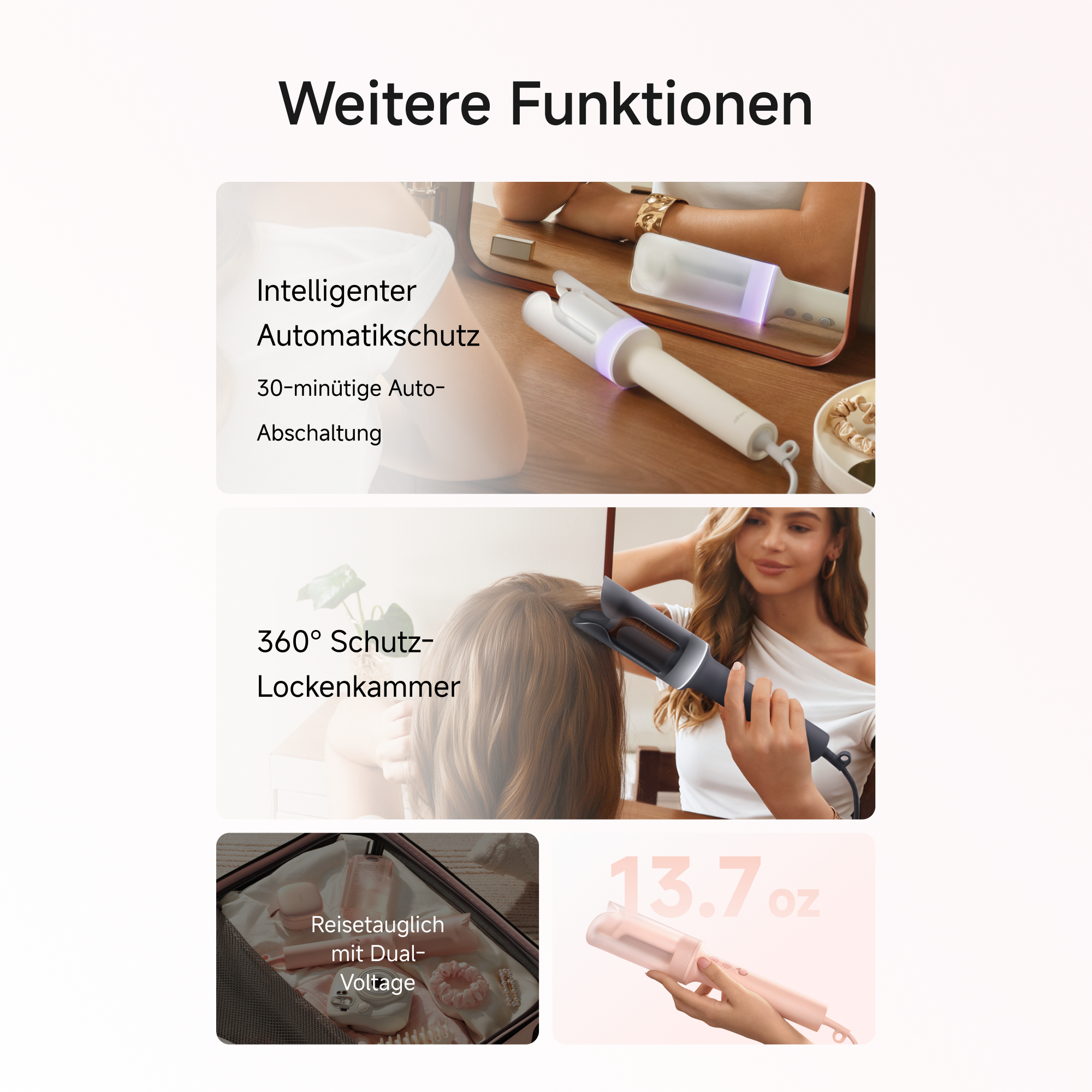 Produkt-Infografik zu den Funktionen eines automatischen Lockenstabes mit Text und Anwendungsbeispielen.