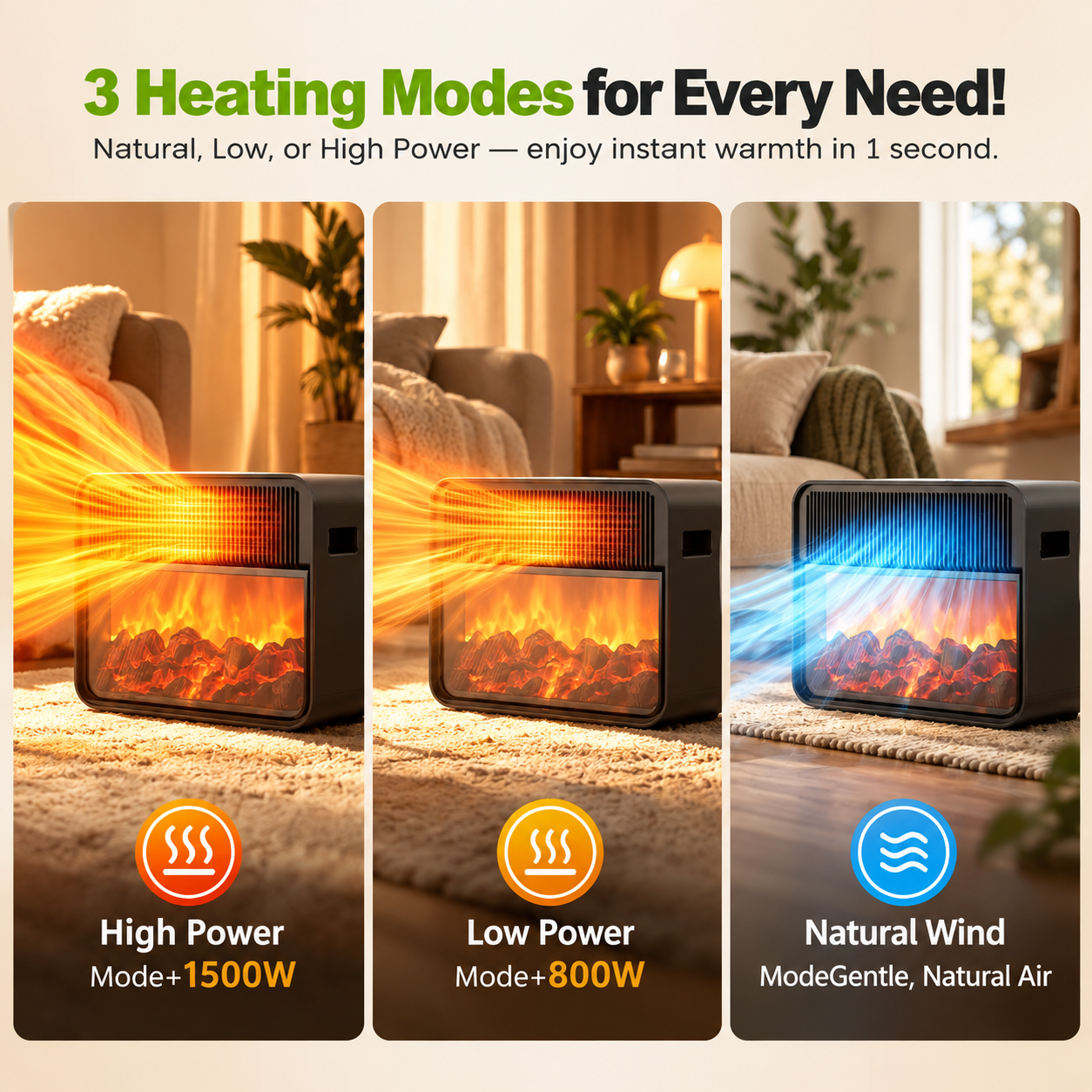 Three heating modes: High power, low power, and natural wind, displayed with a visual flame.