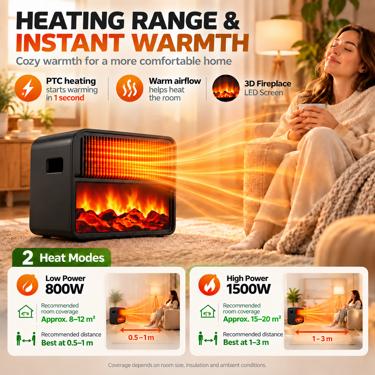 A portable space heater with a flame effect warms a cozy room as a woman relaxes on a sofa.