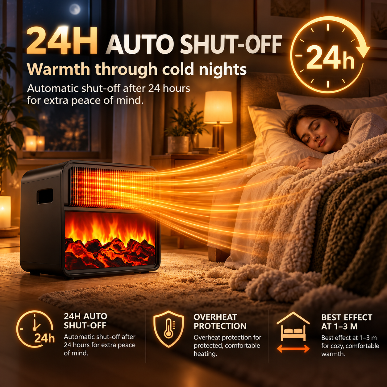 A portable space heater in a bedroom beams warming light waves toward a sleeping woman in bed.