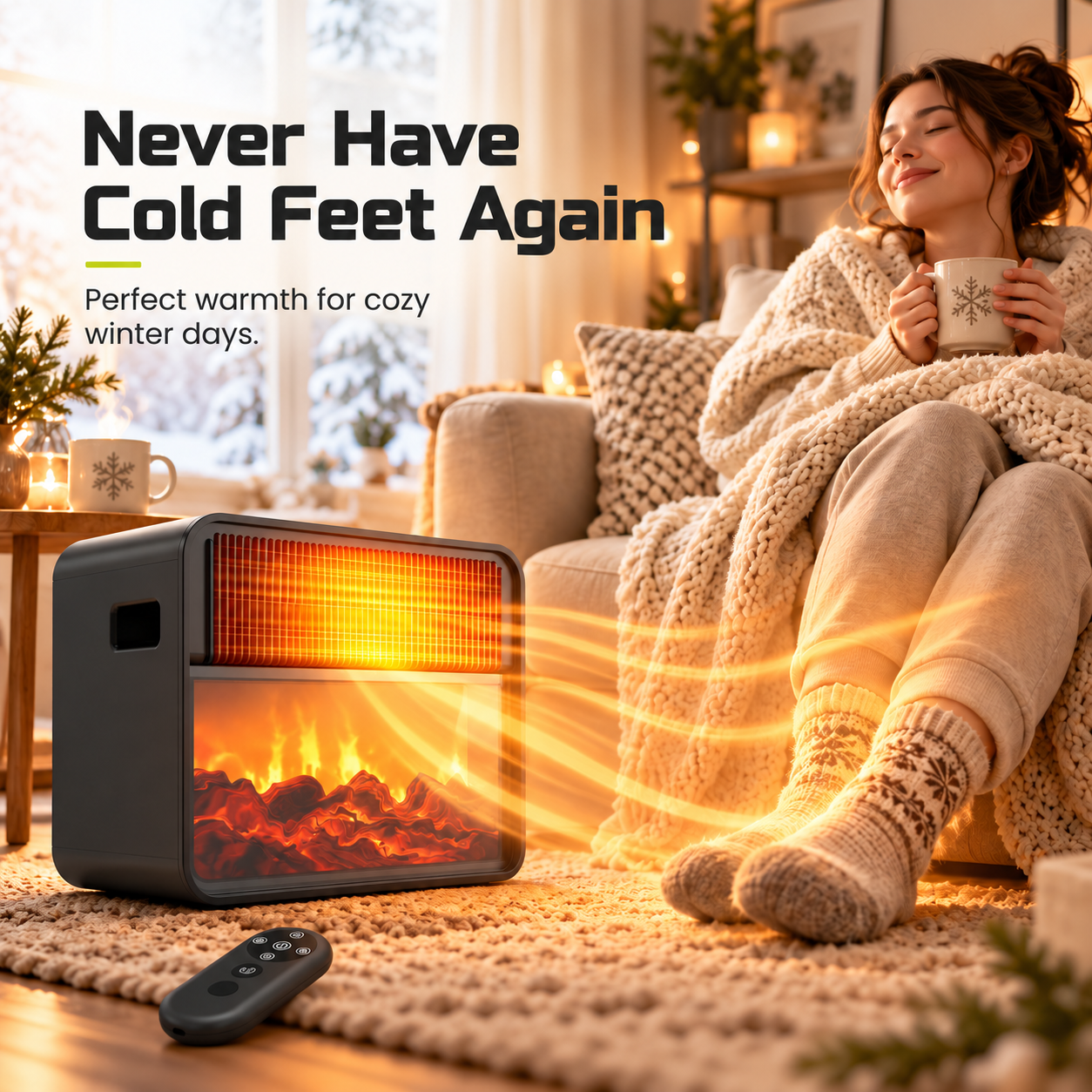 A woman relaxes on a sofa with a warm blanket, while a space heater heats her feet on the floor.