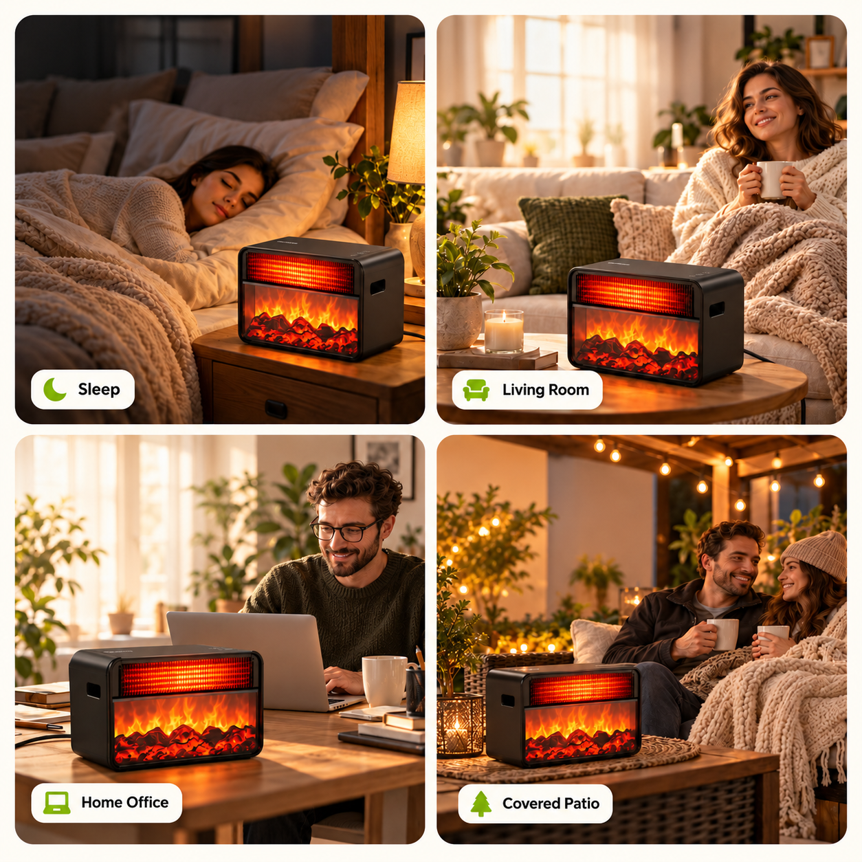 A four-panel image shows a black electric heater with a flame effect used in a bedroom, living room, office, and patio.