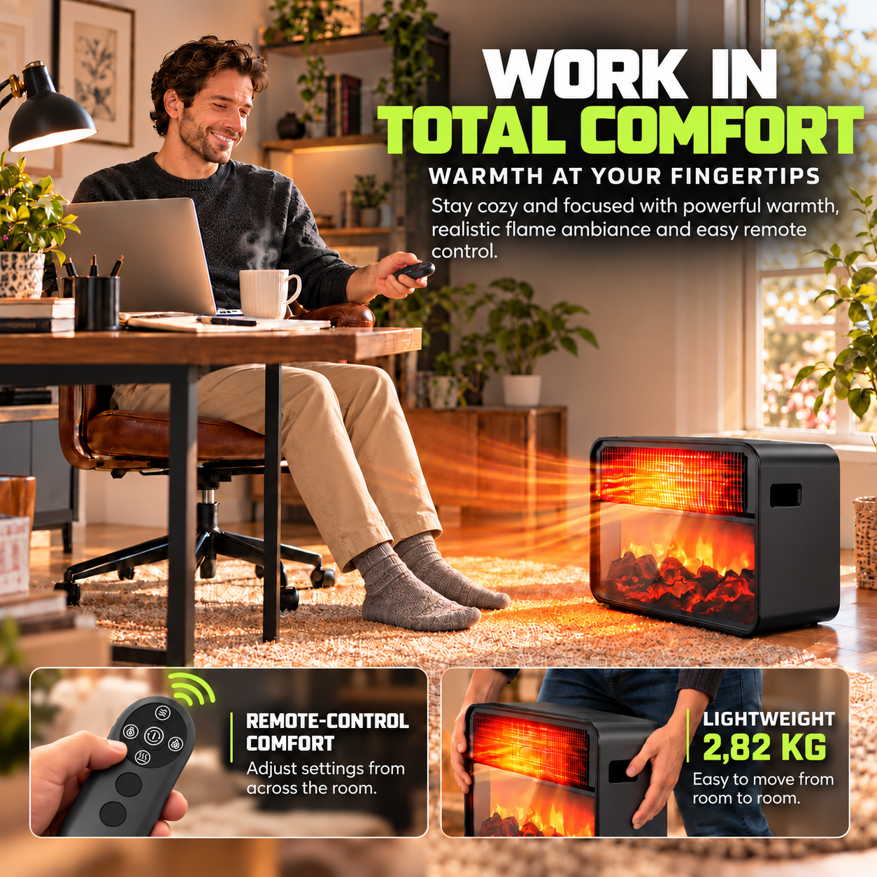 A man sits at a laptop while a portable fireplace heater warms the room.