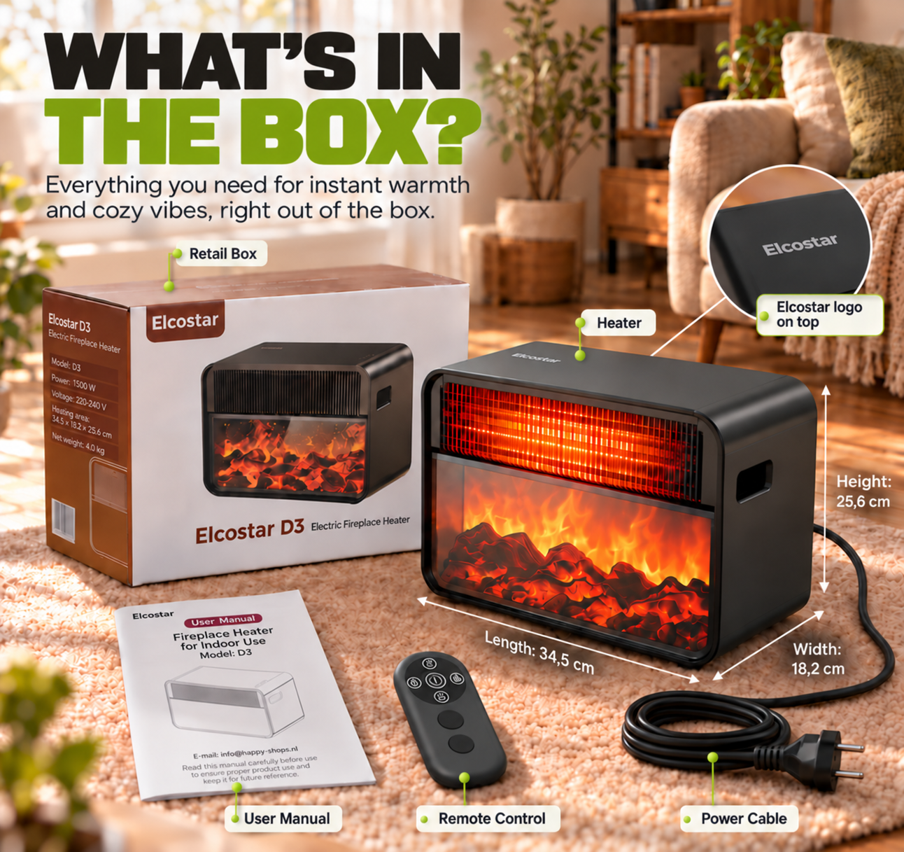 Elcostar fireplace heater with retail box, manual, and remote control on carpet.