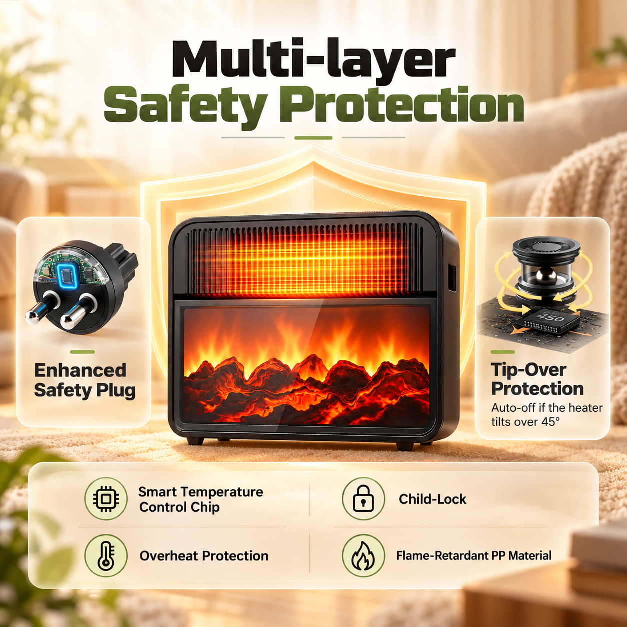 A black space heater with safety features like a safety plug, tip-over protection, child-lock, and flame-retardant material.